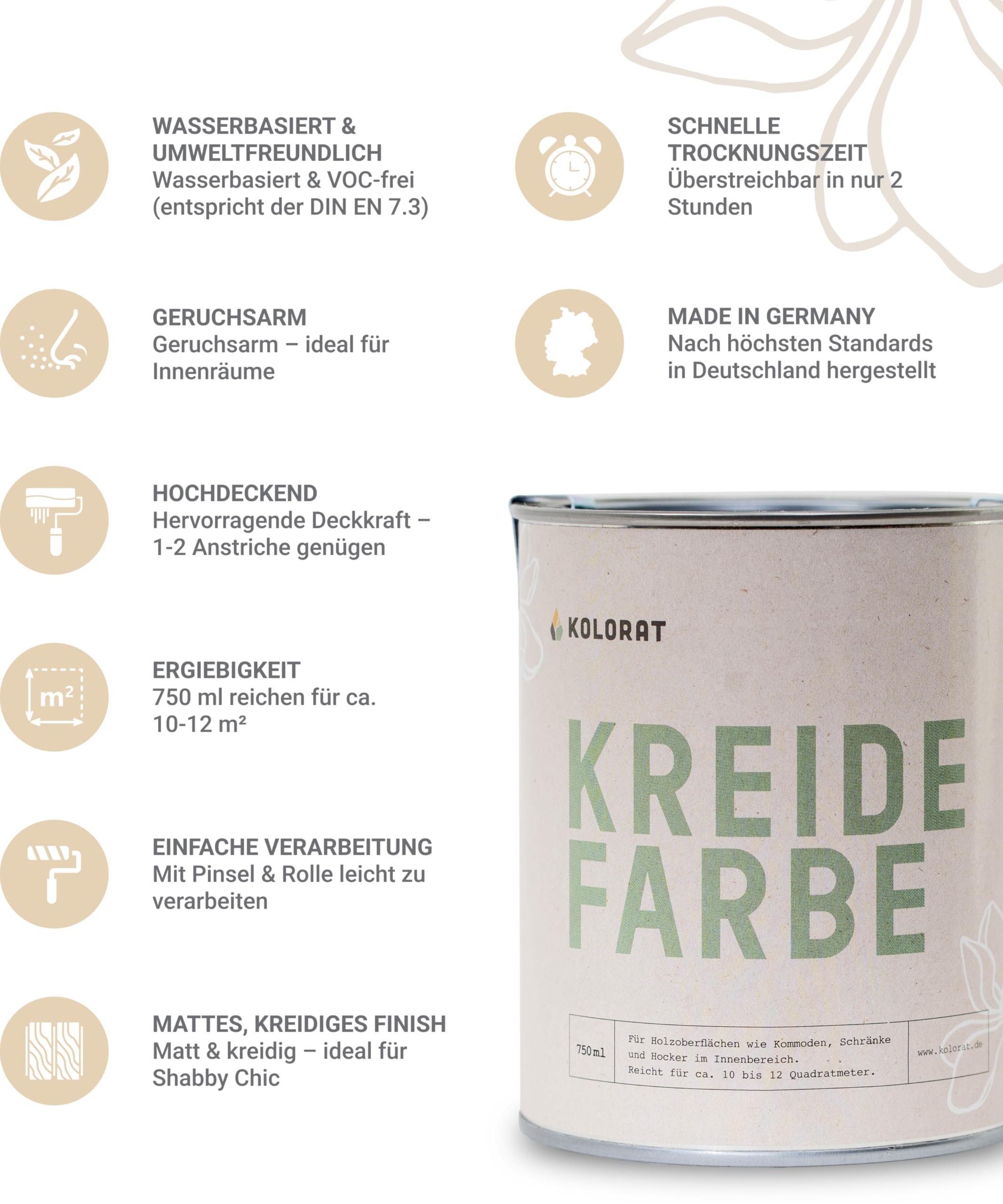 Kolorat® Kreidefarbe für Möbel weiß – 750 ml Holzfarbe – Flüsterton Nr. 101, matter Lack für Möbel innen – Hochdeckend & umweltfreundlich – DIN EN 71-3 geprüft – Made in Germany