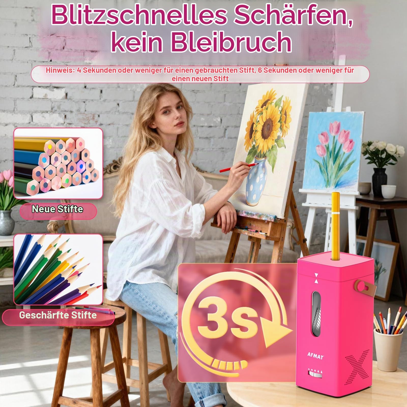 AFMAT Elektrischer Anspitzer, Vollautomatischer Anspitzer, Auto in & Out, Wiederaufladbarer Hands-Free Anspitzer für Jumbo & Buntstifte (6,5-12 mm), Tragbar für Zuhause/Klassenzimmer/Büro,Rosarot,PSC6
