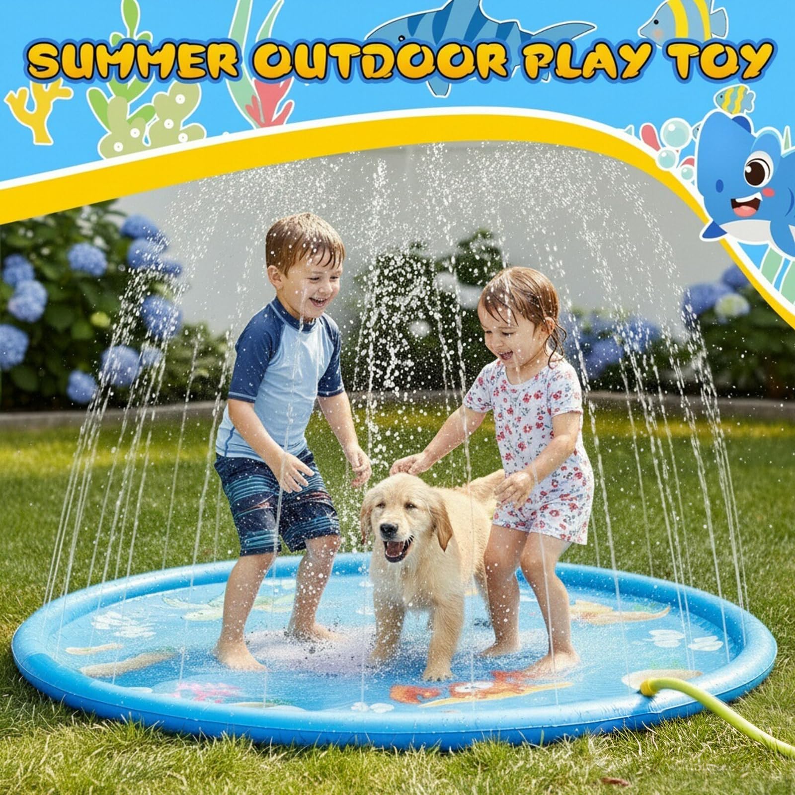 Splash Pad, 170CM Wasserspielmatte Sprinklermatte Kinder Sommer Outdoor | Wasserspielzeug Kinder Outdoor 3+ Kinder Anti-Rutsch Gartenparty Haustier Springbrunnen Garten Wassermatte Wasserspielmatte