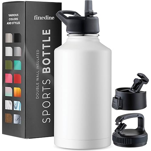 FineDine Triple Walled, Insulated Water Bottles with Straw - 64 Oz Stainless Steel Metal Bottle W/ 3 Leak Proof Lids - For Travel, School, Sports, Gym/Men, Women & Kids - Pure Pearly White