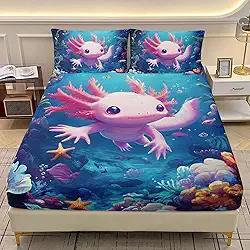AILONEN Jogo de lençol Queen com desenho animado axolotl, animais marinhos subaquáticos do mundo subaquático, para meninos e meninas, lençol com elástico colorido com tema de oceano com 2 fronhas, 3