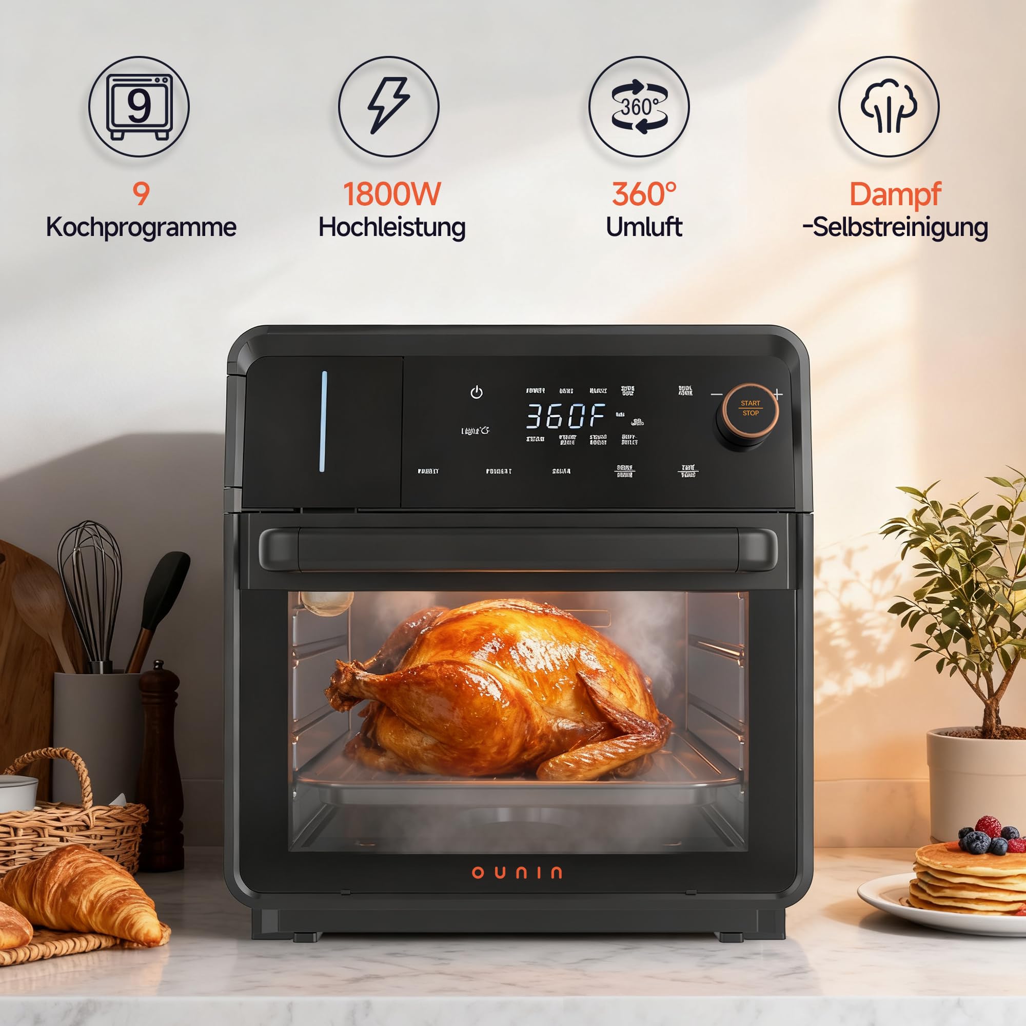 OUNIN 18-Liter-Multifunktions-Minibackofen, 2-Zonen-Garen, mit 360°-Heißluftumwälzung, Voreinstellungen per Knopfdruck, 1800 W, Geeignet für Heißluftfrittieren, Backen, Grillen und Sous-Vide-Garen - 2