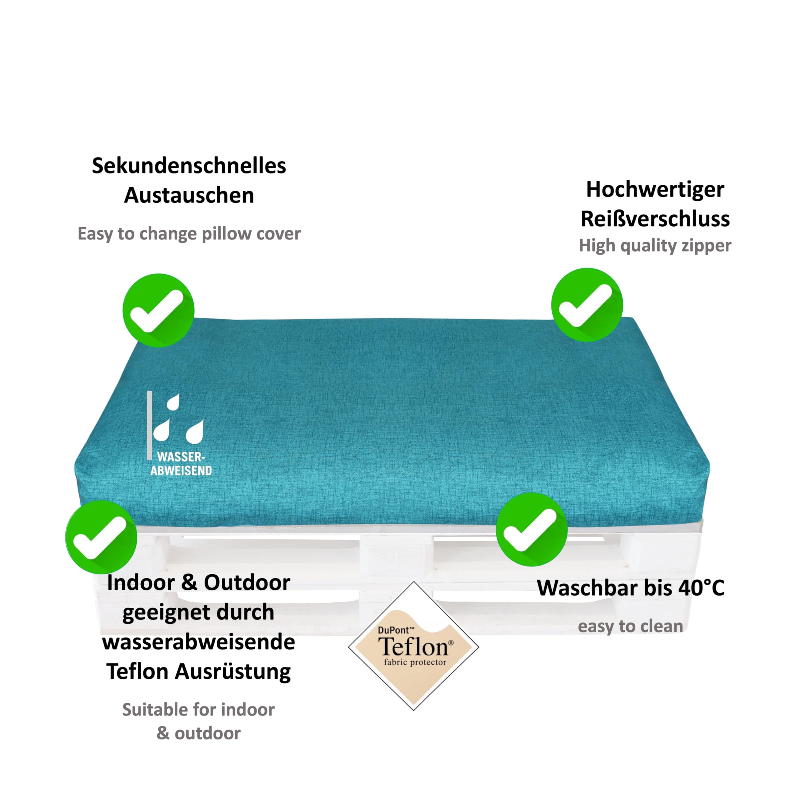 LILENO HOME Housse rembourrée pour palette européenne - Housse extérieure pour meubles en palettes - Housse de rechange pour siège de 120 x 80 x 16-20 cm - Aqua