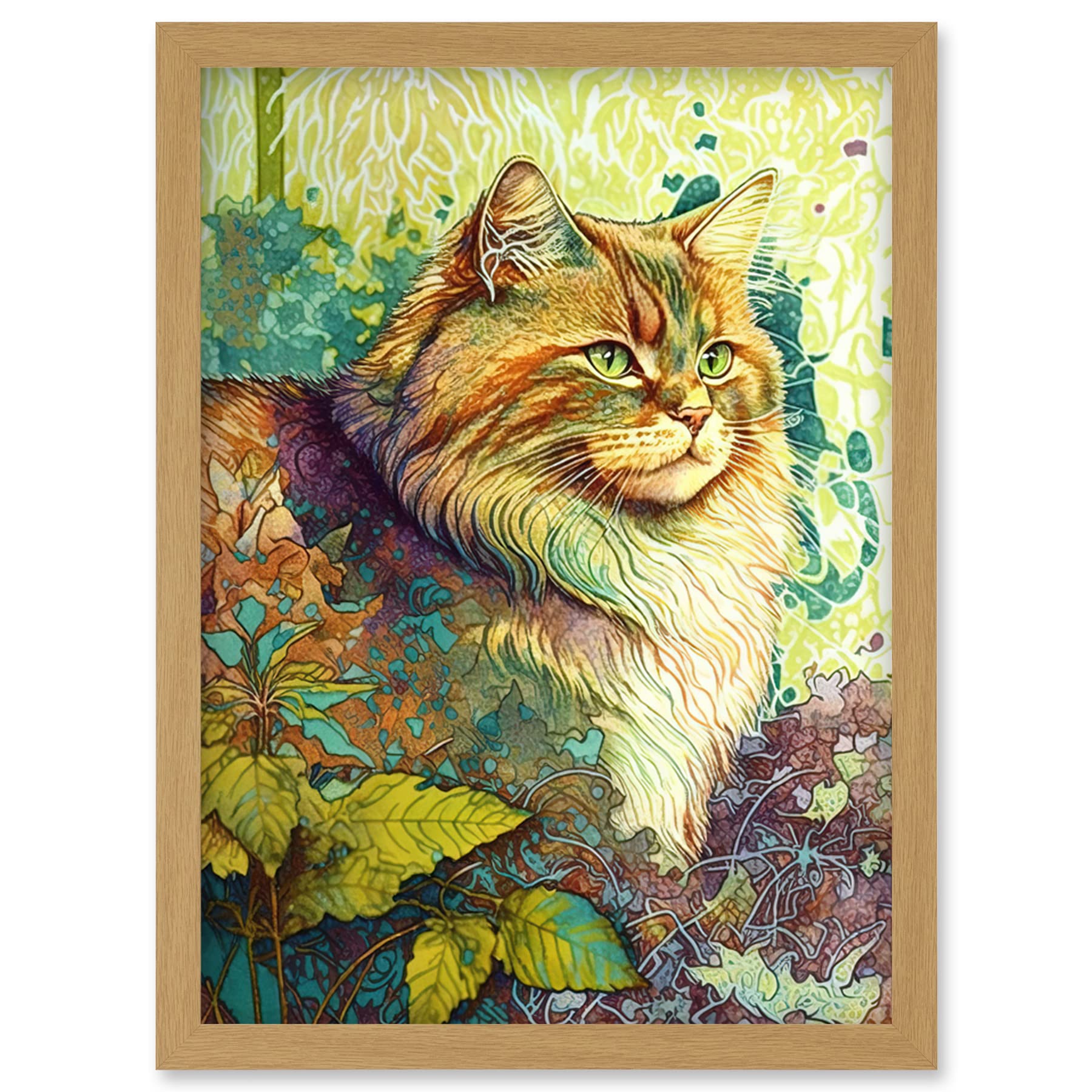 Artery8 Siberian Cat in Nature Vibrant Colourful Modern Portrait Illustration Artwork Framed Wall Art Print A4
