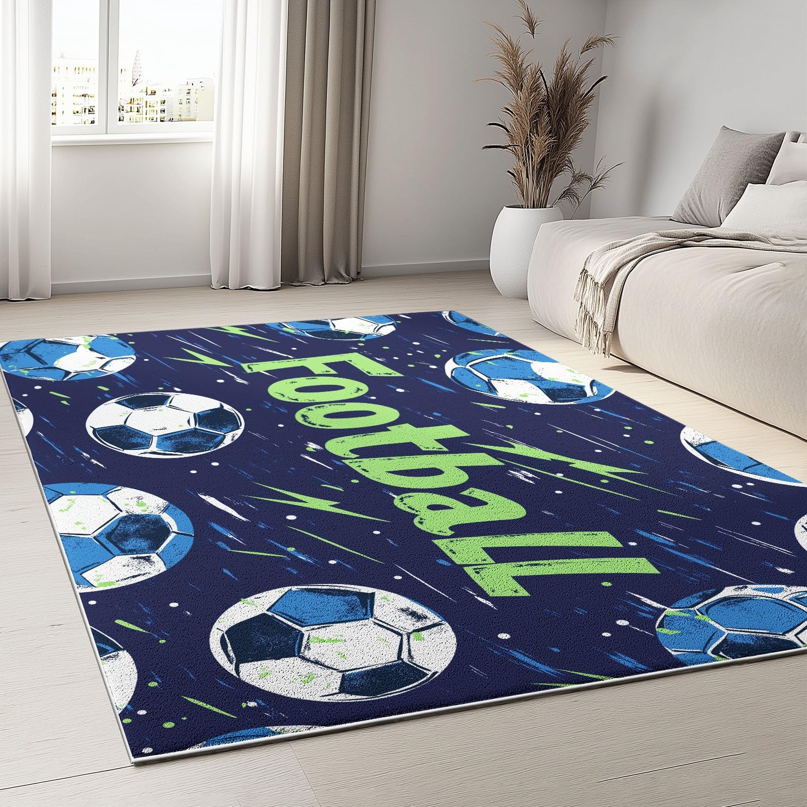 Tapis de salon football bleu de dessin animé doux 60x90 cm