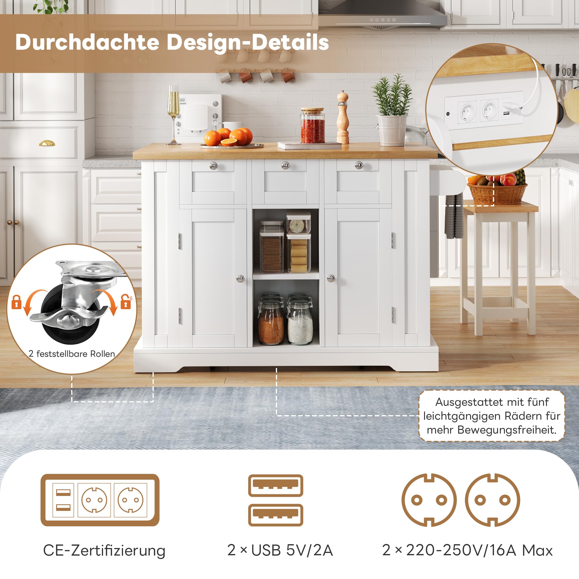 Kitchen Island - Carrello con rotelle da 132 cm, con piano di lavoro a ribalta, tavolo da pranzo in stile country, cassetti, portaspezie e porta asciugamani, finitura naturale/bianca