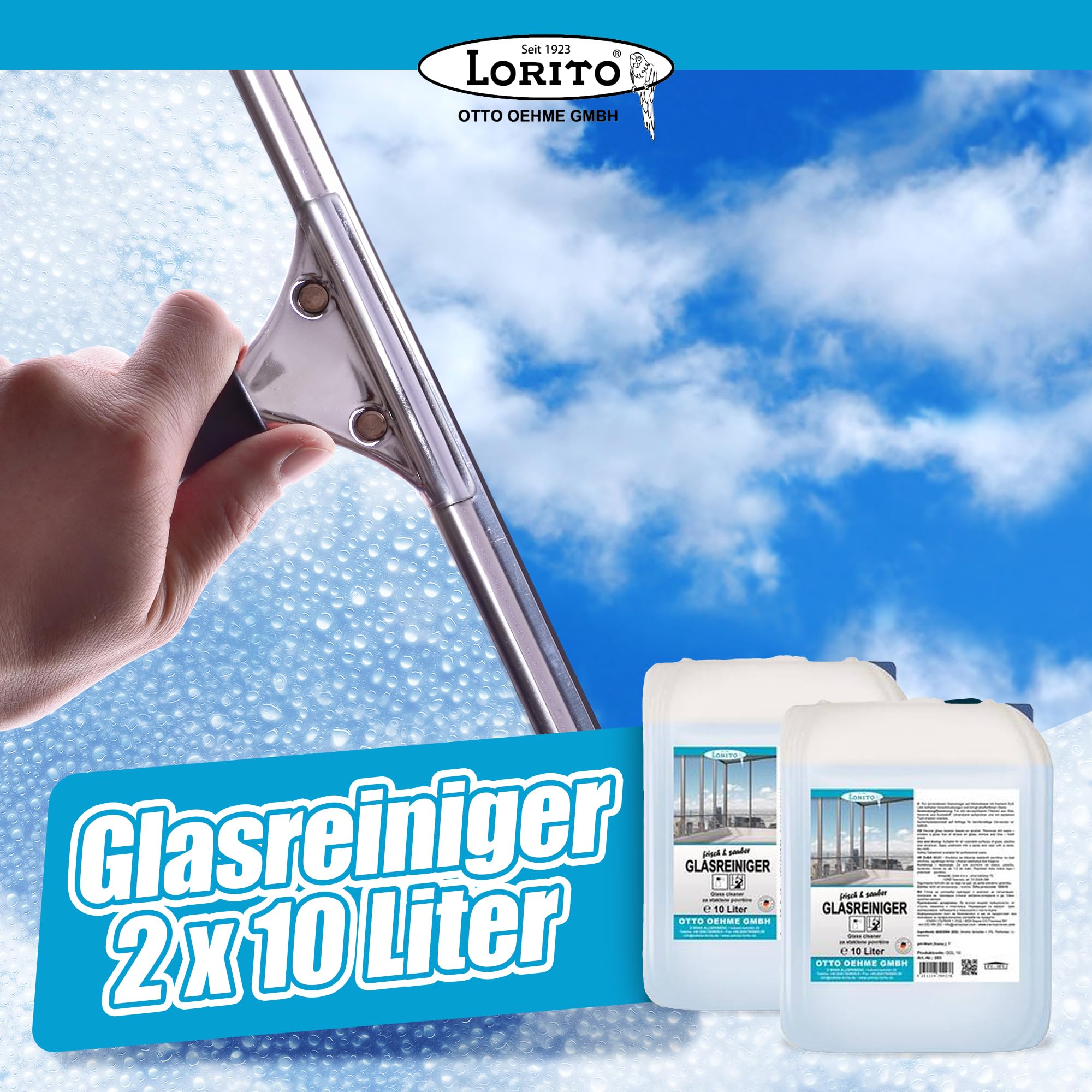 Lorito frisch & sauber Glasreiniger Fensterreiniger 2 x10L | Kraftvoller Oberflächenreiniger, bringt Autoscheiben, Fenster & amdere Glasoberflächen auf Hochglanz, streifenfreie Reinigung
