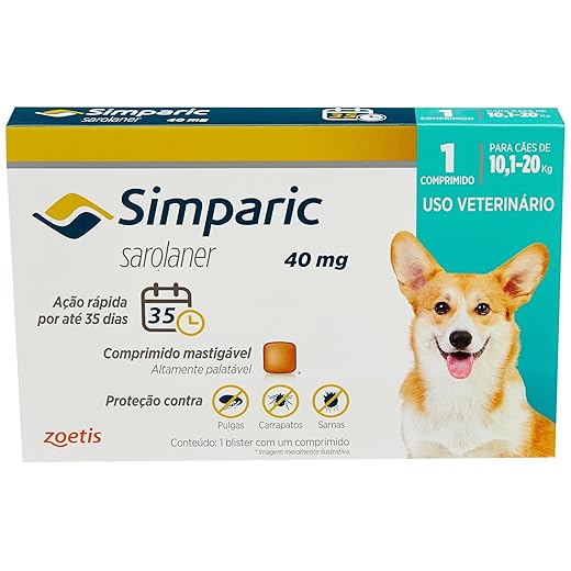 Simparic 40mg, 10,1 até 20kg, 1Cp Zoetis para Cães
