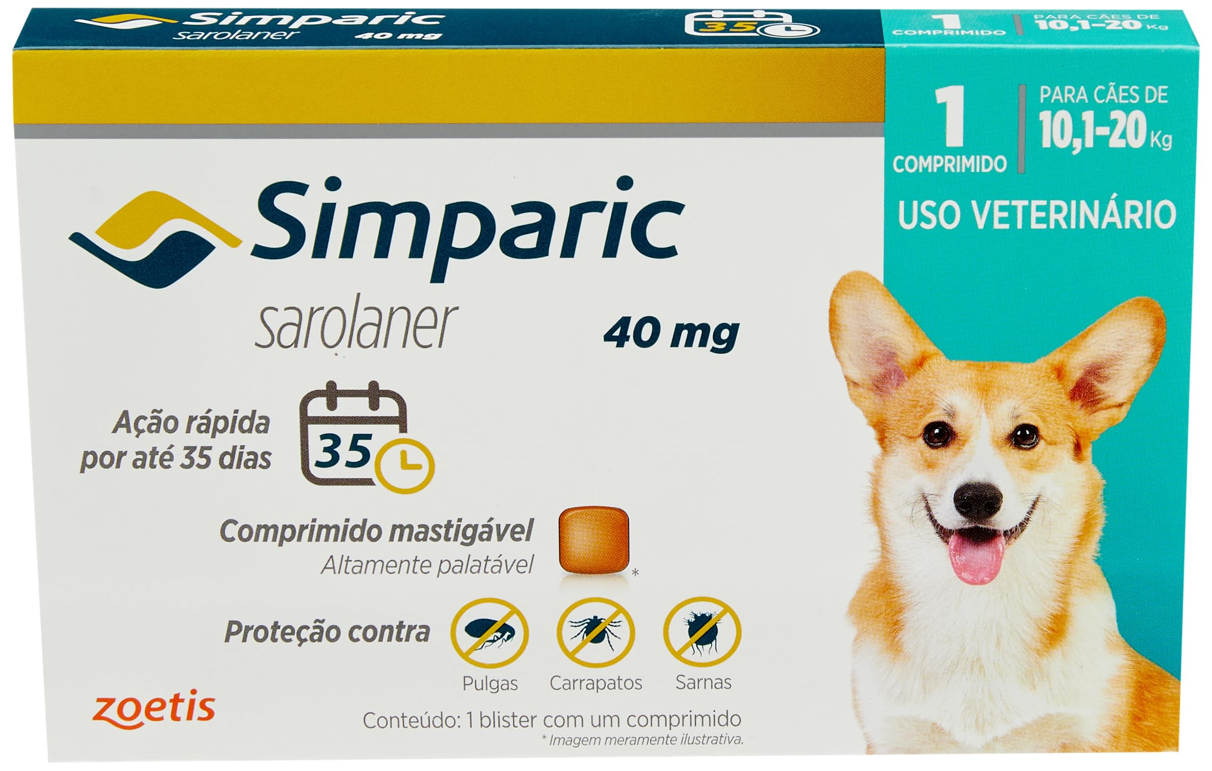 Simparic 40mg, 10,1 até 20kg, 1Cp Zoetis para Cães : Amazon.com.br: Pet ...