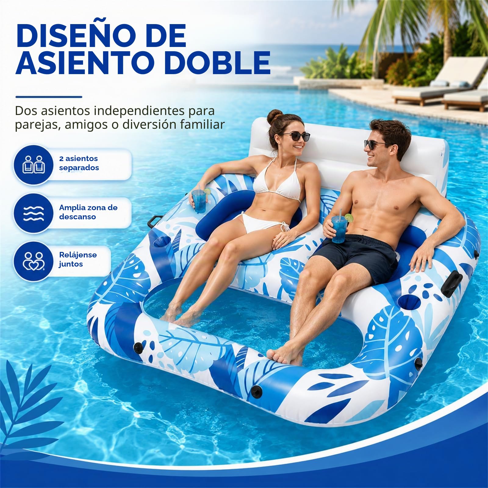Sillón hinchable para 2 personas con respaldo grande | Isla de natación colchón de aire, soporte para bebidas, asa, para playa y piscina, para adultos