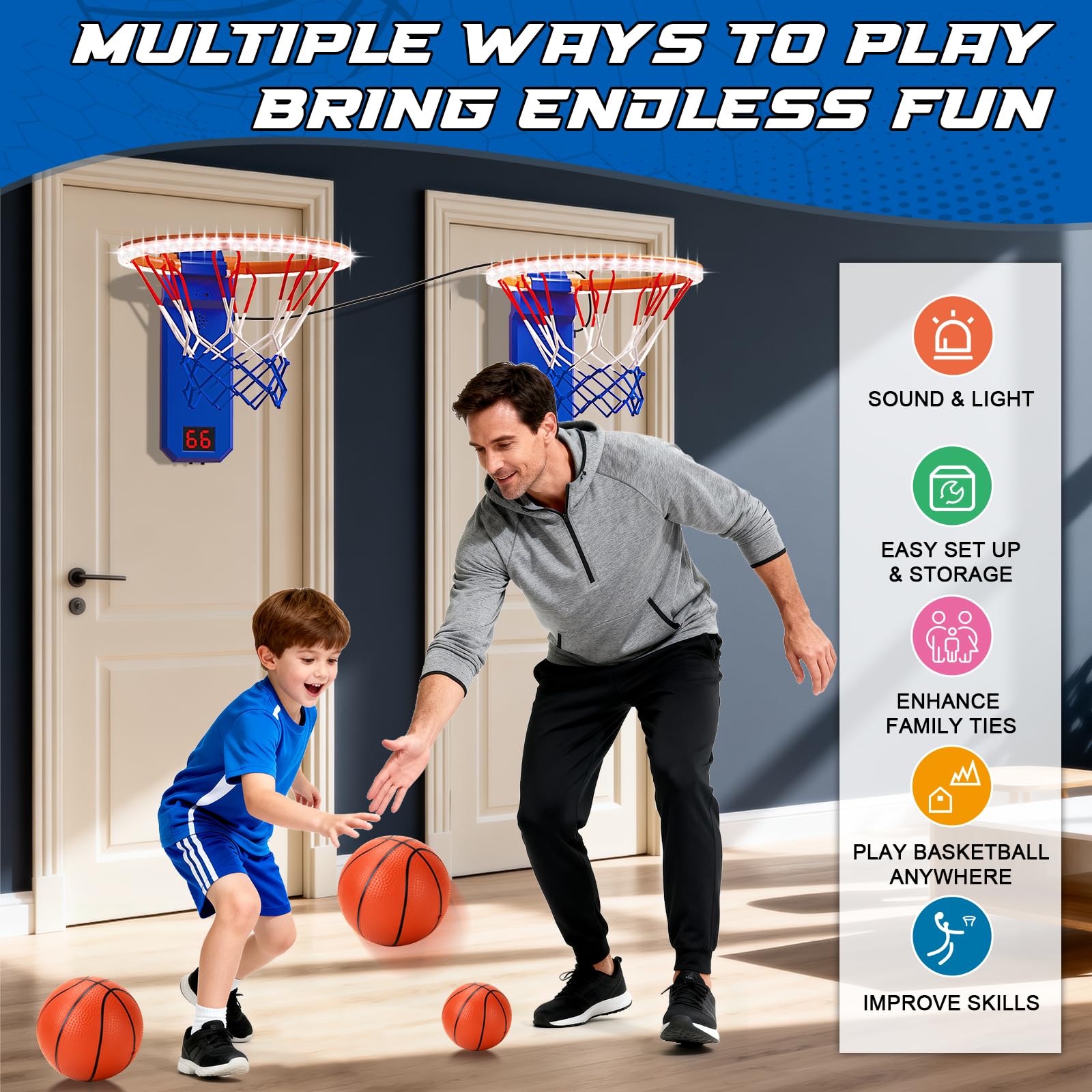TERRAMUS Indoor Mini Basketball Hoop for Kids 2 PCS Basketball Hoops with LED Scoring & Sound - Image 4