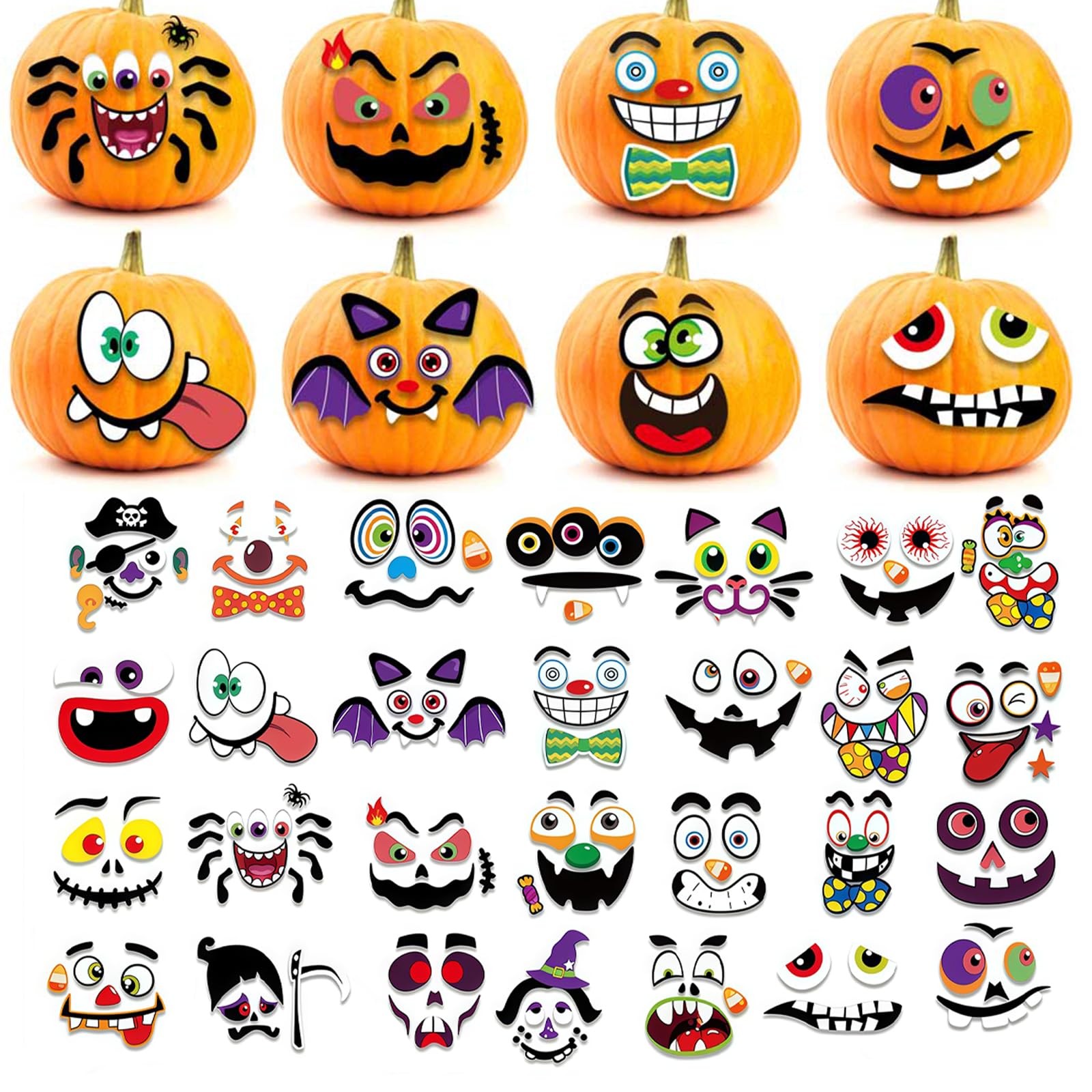 64Pcs Halloween Pumpkin Stickers - Make Pumpkin Decorating Kit in 32 Different Designs for Halloween Party Supplies Trick or Treat Party Favors