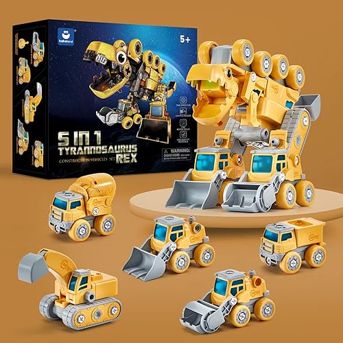 Vista 9 de hahaland Juguetes para niños de más de 5 años – Juguetes de dinosaurio desmontables para niños, vehículos de construcción 5 en 1 que se transforman
