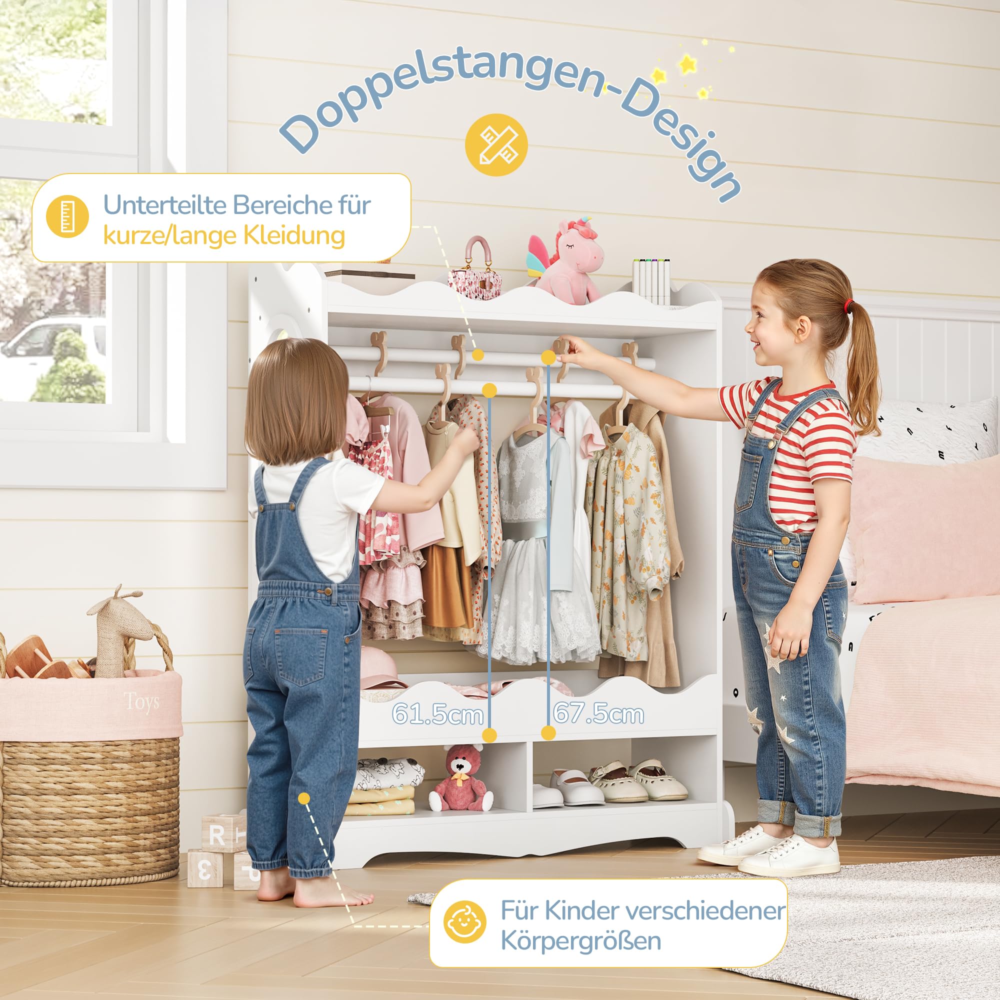 LUE BONA Kinderkleiderschrank, Kindergarderobe mit Spiegel und Kleiderstange, Kinder Kleiderschrank aus Holz mit 3 Haken, Kleiderschrank Kinderzimmer mit Ablage, für Kinderzimmer, 85x108x34 cm, Weiß