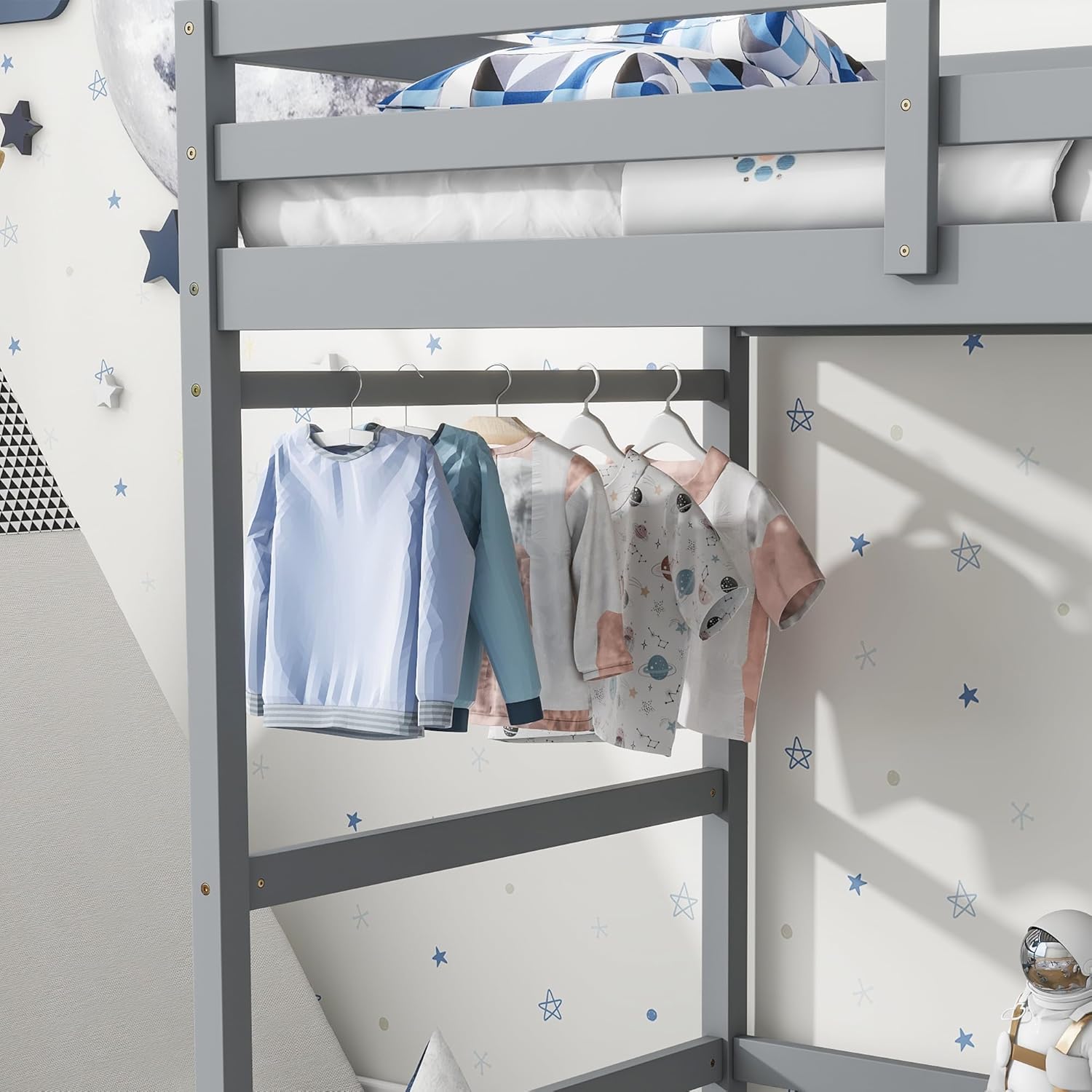 The space under the LINKHOO Twin High Loft Bed being used to hang clothes, demonstrating its versatility for storage.