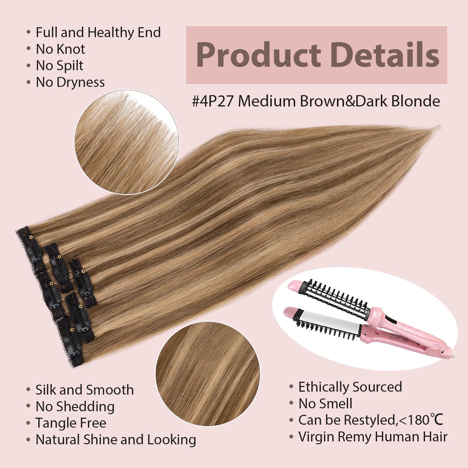 Silk-co Clip in Hair Extensions Real Human Hair Extension Double Weft With Lace Coverd Clip in Silky Straight Very Thin Highlight efffect for Women 6PCS 6Clip 12In #4P27 Medium Brown&Dark Blonde 33g - Image 4