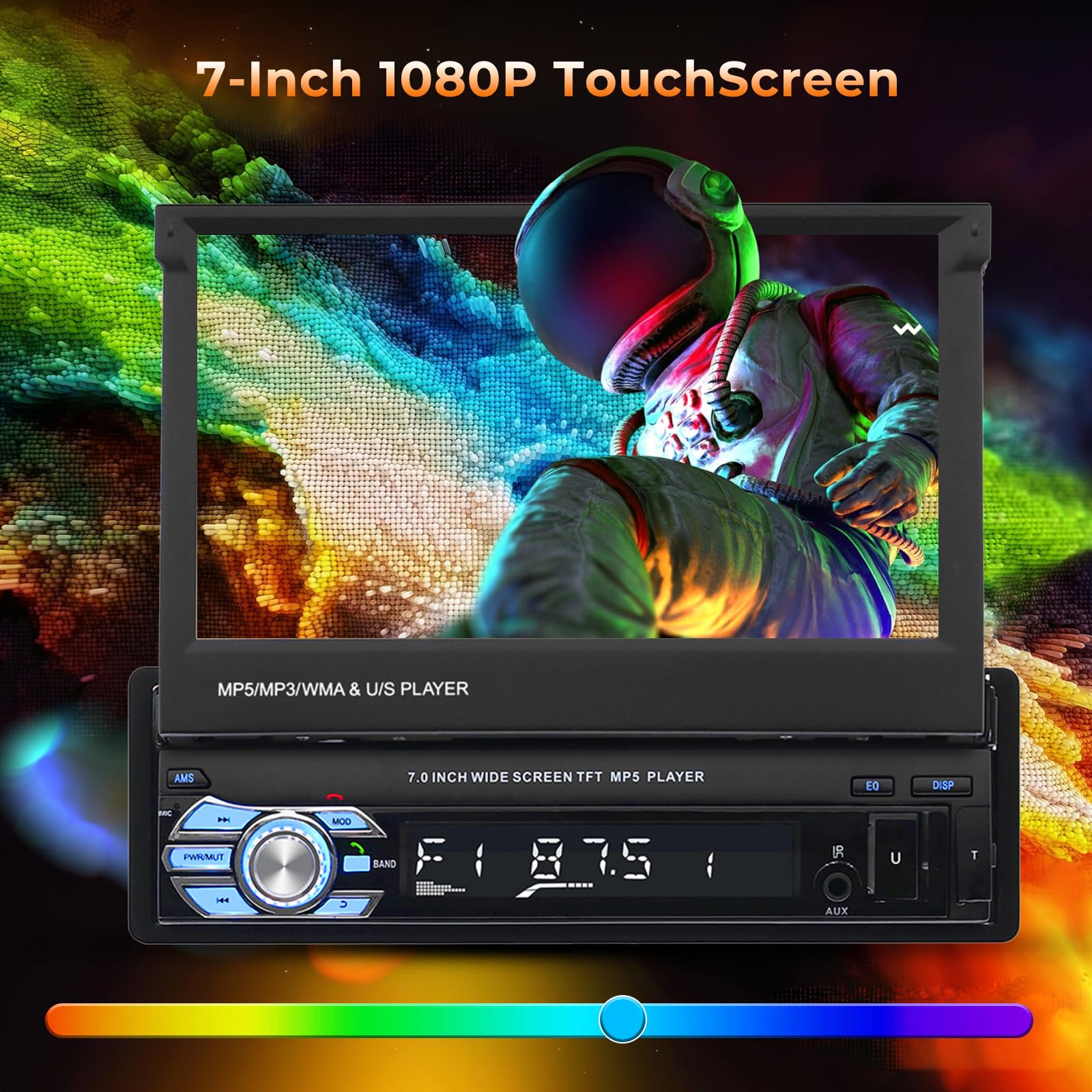 Hikity Autoradio 1DIN Bluetooth, 7'' Pantalla Retráctil Táctil | Manos Libres, USB FM Mirror Link AUX, Cámara de Visión Trasera, Estéreo Radio de Coche