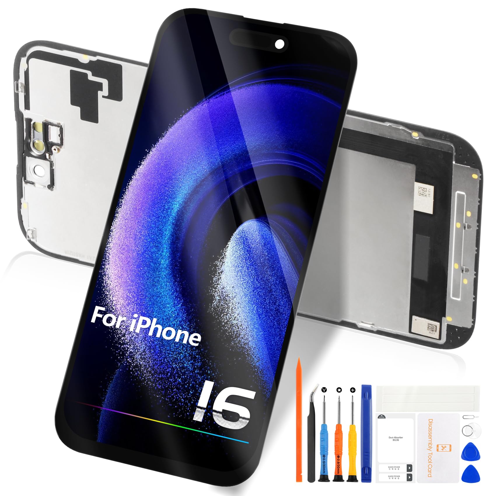 Écran LCD pour iPhone 16 LCD Display pour iPhone 16 LCD Écran pour iPhone16 6,1" Écrantactile Verre Full Assemblé avec Kit de Réparation A3287 A3081 A3286 A3288 (Noir)