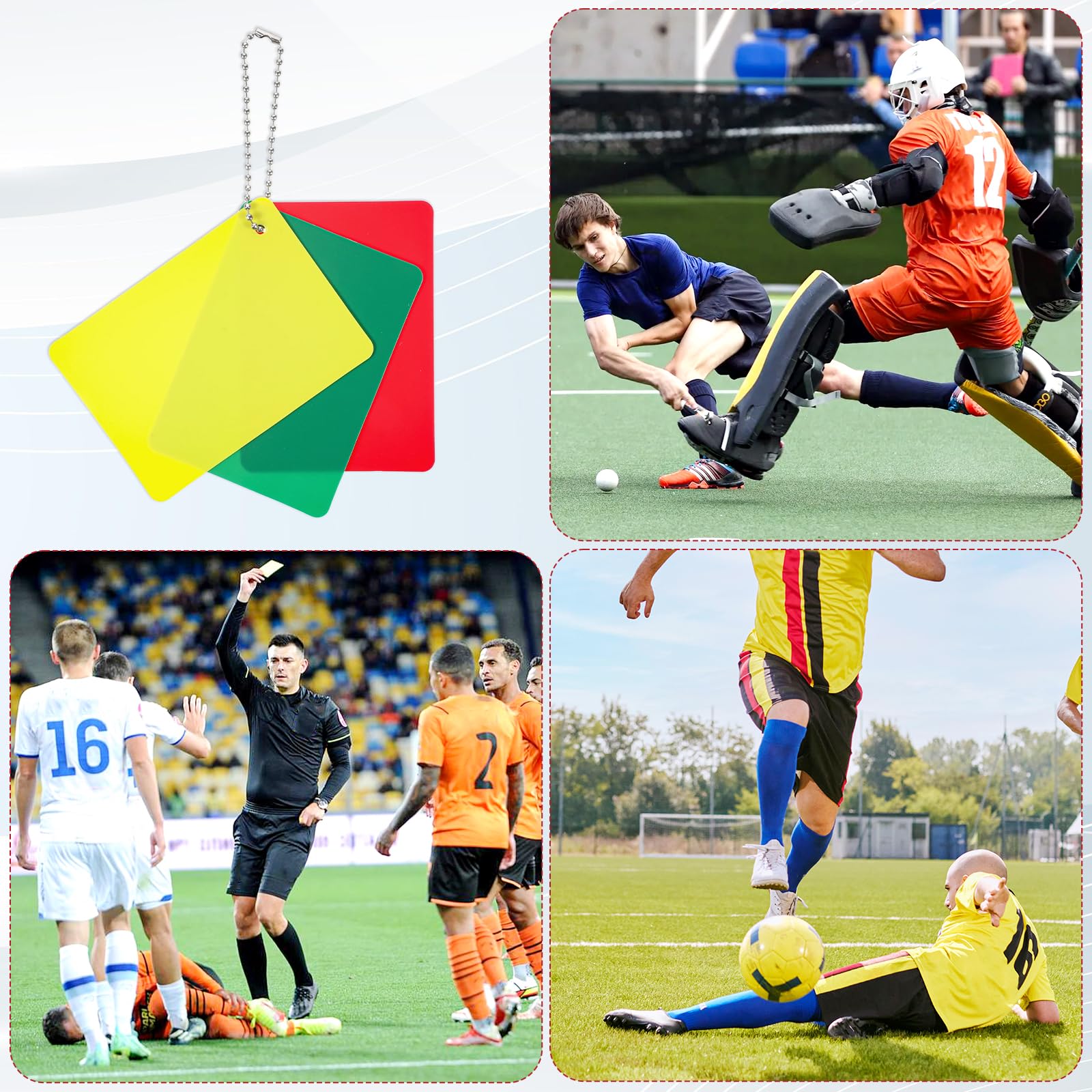Tarjetas de fútbol verde, rojo y amarillo para árbitro tarjetas penales, advertencia, expulsión, retraso y tarjeta