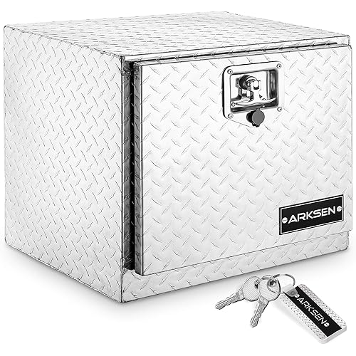 ARKSEN 18 Inch Heavy Duty Aluminum Diamond Plate Tool Underbody Box, Waterproof Square Truck Storage Organizer Chest for Pick Up Truck Bed, RV Trailer with T-Handle Lock and Keys - Silver