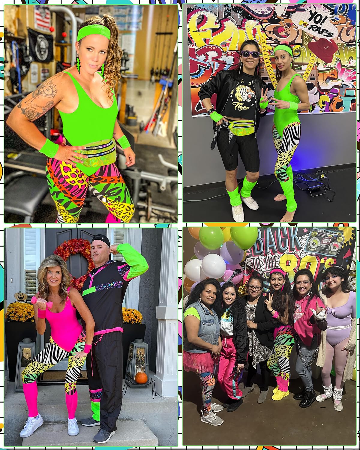 Disfraz Años 80 Mujer Disfraz Chándal años 80 Leotardo Legging Diadema Muñequeras Calentadores de piernas Pendientes Fanny Pack Traje de leotardo de los 80 para los años 80 y 90