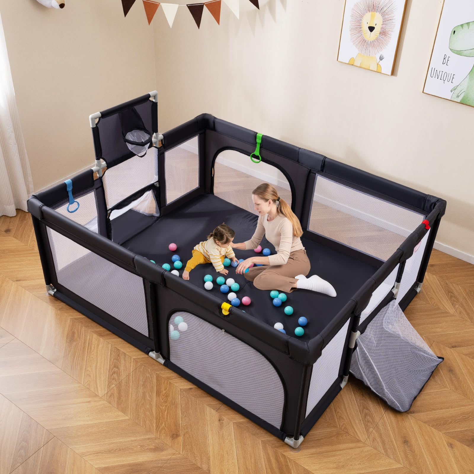 COSTWAY 188 x 157cm Laufstall Baby Faltbar, Laufgitter mit Basketballkorb, Fußballnetzen, 50 Ozeanbällen & Griffen, Krabbelgitter mit atmungsaktivem Netz, Tragetasche (Dunkelgrau)