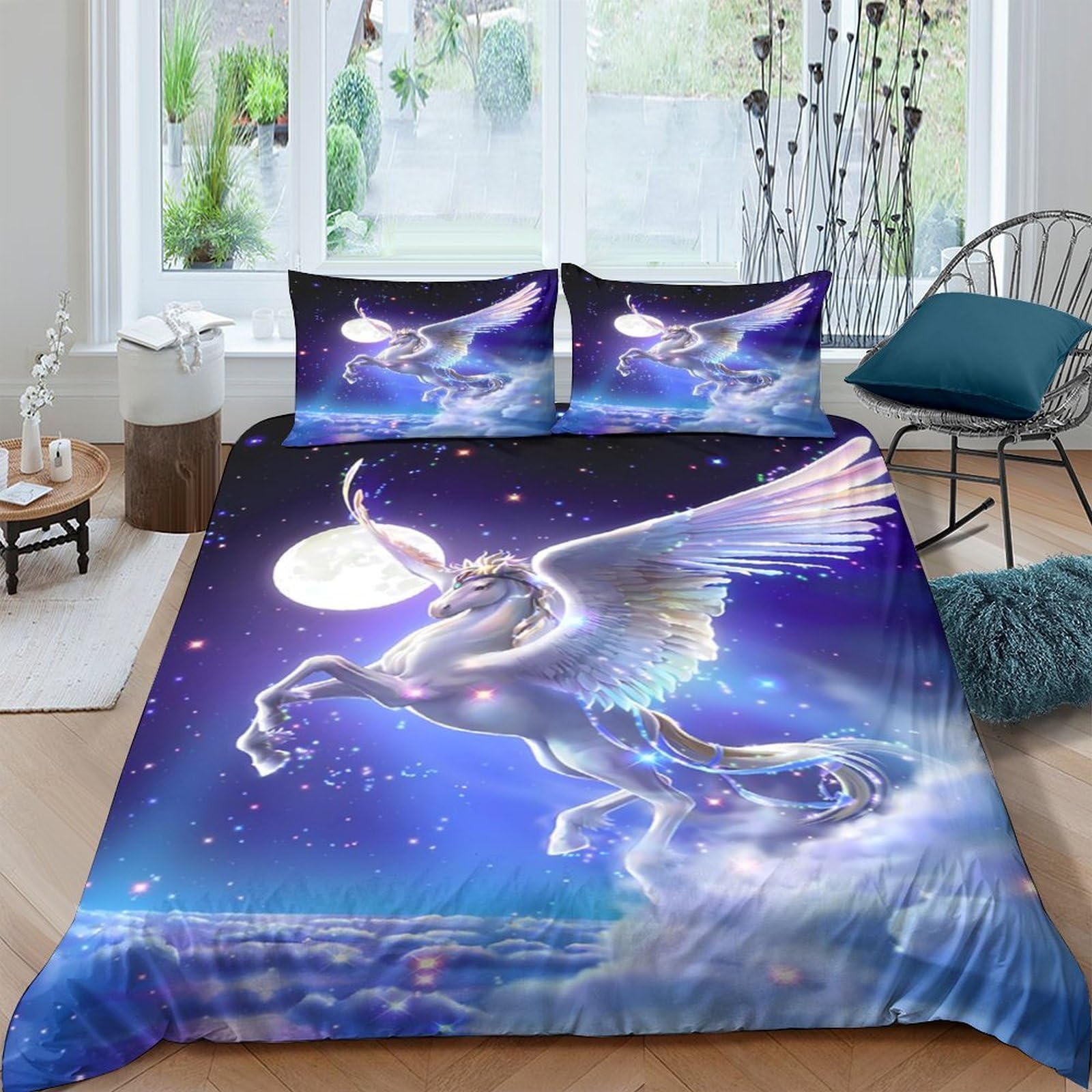 Ctjqhvkz Style-3 3D Printed Moonlight Pegasus Fitted Sheet Microfiber Soft Blue Fantasy Ocean Bed Cover For Bedroom Dorm Mattress Protection Decor Single（135X200cm）