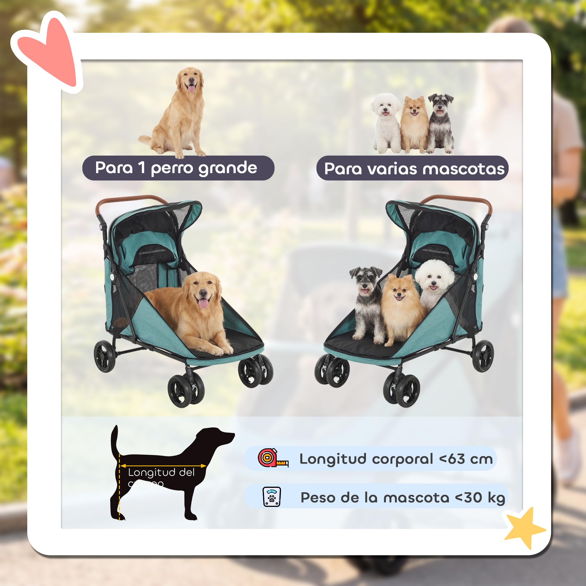 PawHut Carrito para Perros y Gatos Grande Plegable con un Botón hasta 30 kg, Cochecito para Perros Medianos y Grandes, Suspensión 4 Ruedas, Giratorio, Freno de Pie, Cojín Lavable, Turquesa