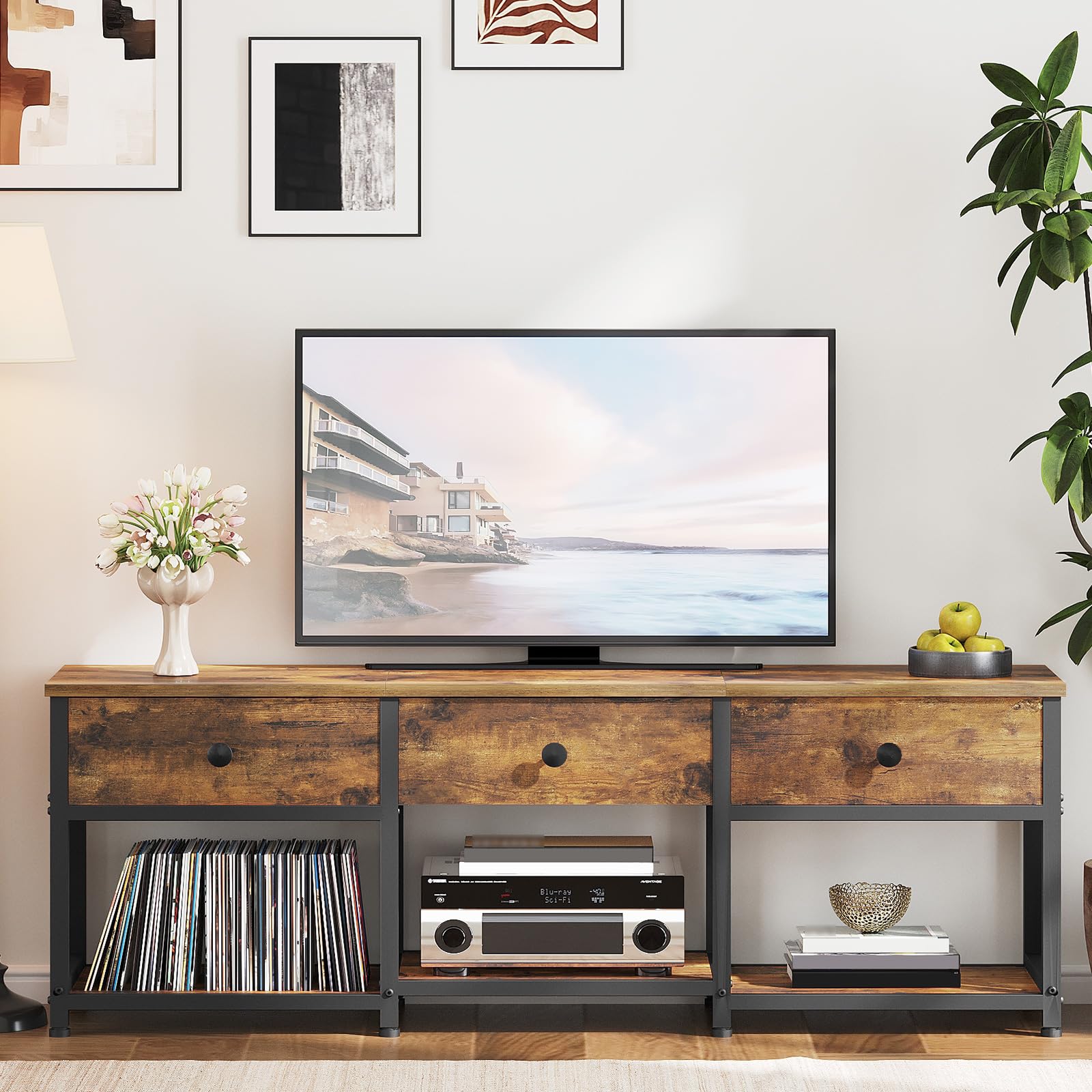 YATINEY Mueble para TV de hasta 50 Pulgadas, Mueble TV con 3 Cajones, Mueble Multimedia de Estilo Industrial de 120 cm de Longitud, para Salón, Dormitorio o Despacho, Marrón Vintage y Negro XDS12BR