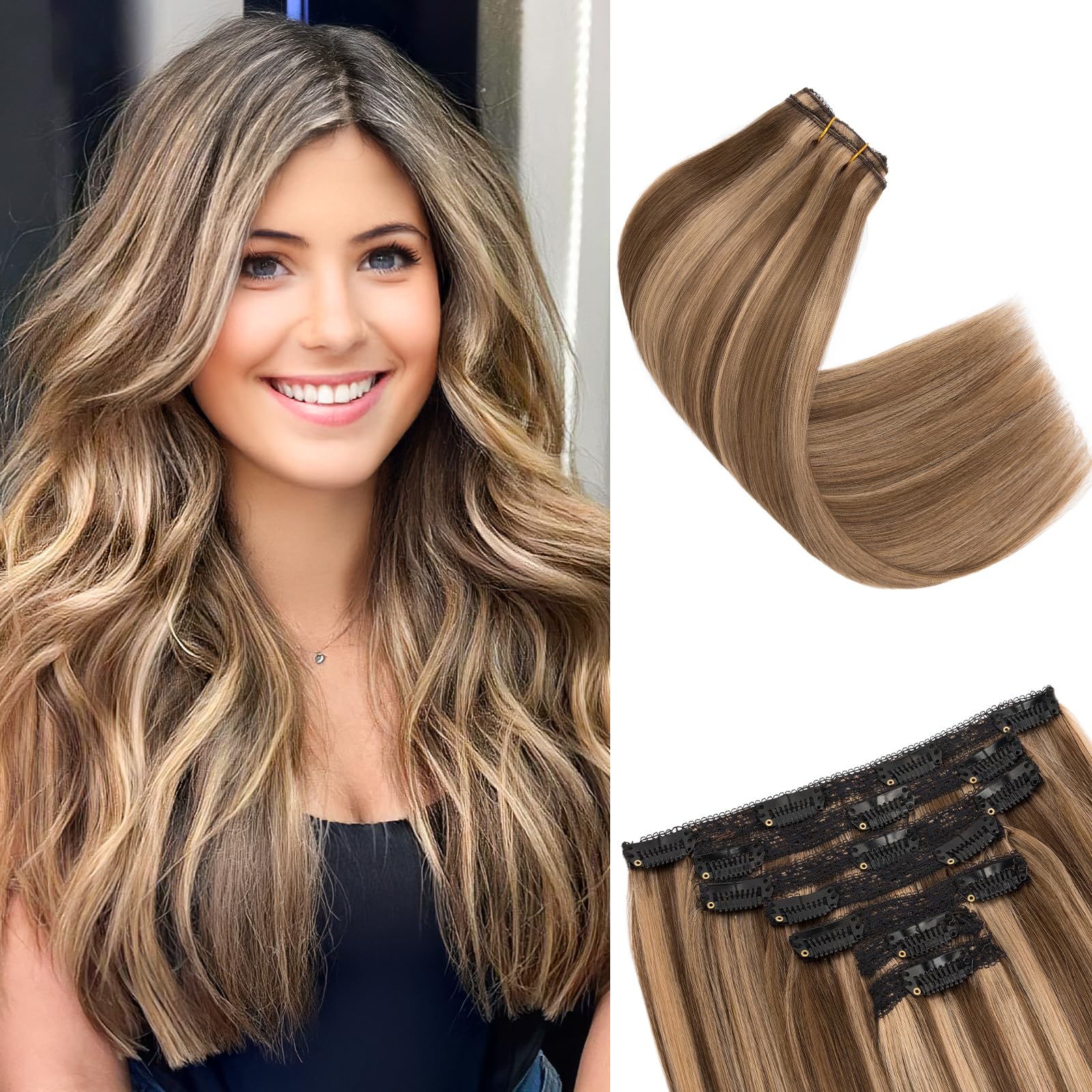 SEGOHAIR Clip in Hair Extensions Human Hair,16inch 110g 7Pcs Chocolate Brown with Strawberry Honey Blonde 100% Real Human Hair Double Weft Straight Clip in Hair Extension Seamless for Volume