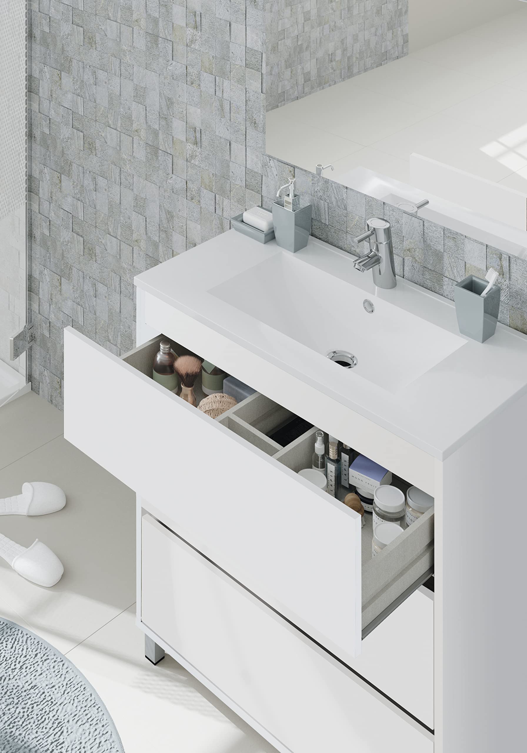 MUEBLES PITARCH | Conjunto Mueble de Baño con Espejo Incluido, 3 Cajones, 80cm Ancho, con Patas, Roble Cambrian, para Lavabo encastrado, Estilo Moderno Modelo Kalma