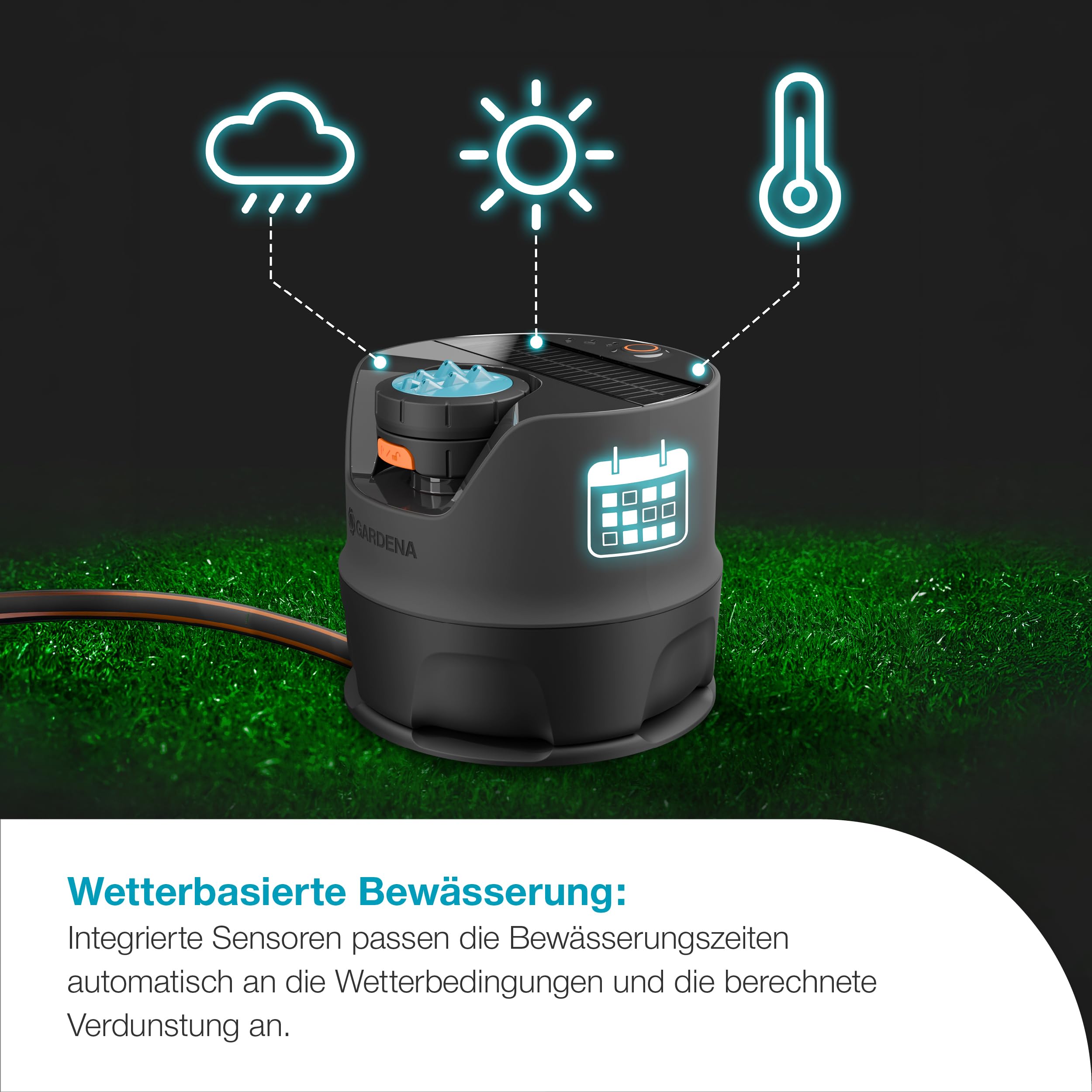 Gardena AquaPrecise Bewässerungssystem für Rasenflächen bis zu 320 m²: solarbetrieben, gleichmäßige Wasserverteilung, für jede Gartenform, Bluetooth, einfache Installation (16000-20)