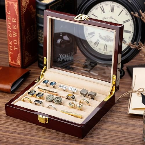 Miniatura 6 de HAWSON Joyero de madera con anillo superior de cristal, organizador de almacenamiento para hombres y mujeres