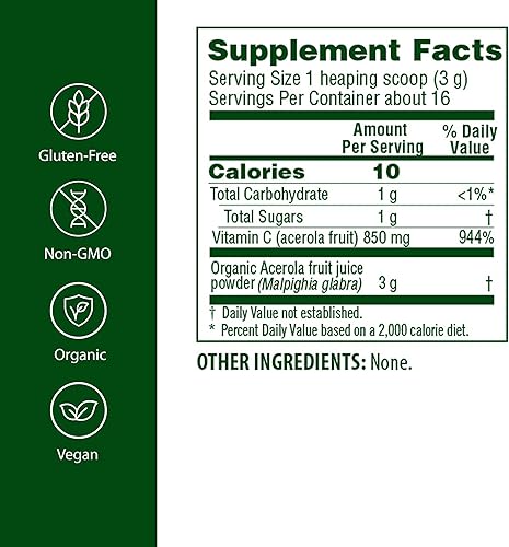 Miniatura 2 de Flora - Polvo de acerola, refuerzo inmunológico diario con vitamina C, sin gluten y vitamina C vegana, polvo antioxidante, 1.7 onzas. Botella de