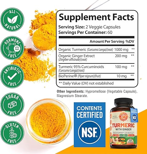 Miniatura 5 de Curcumina de cúrcuma orgánica con jengibre y pimienta negra, suministro de 2 meses. Apoya la salud del corazón, la salud del cerebro y la salud de