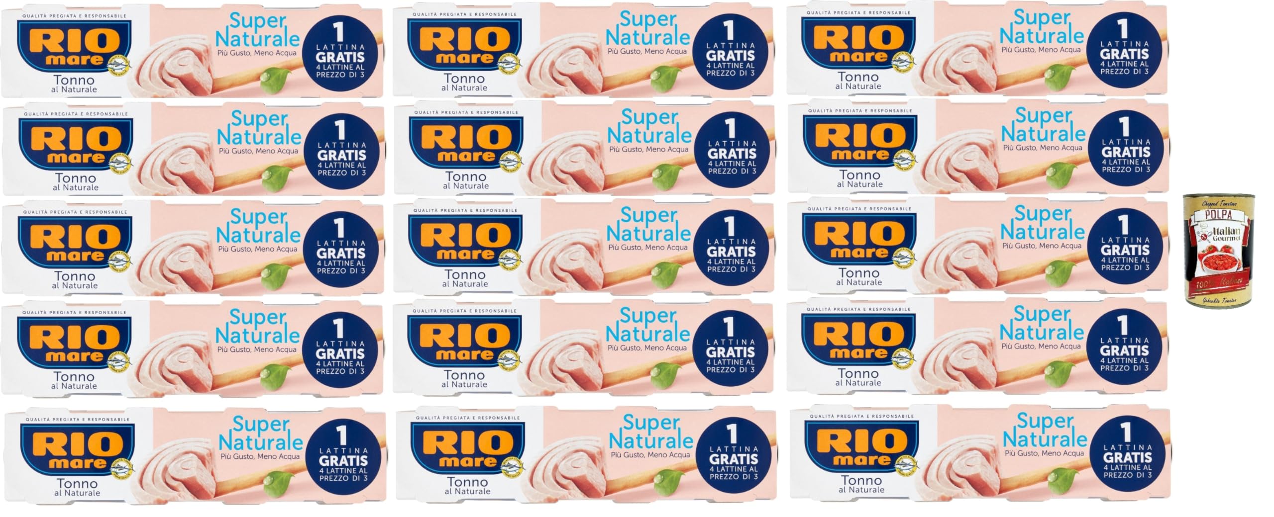 Italian Gourmet Tonno Super Naturale tonno Thunfisch in Dose zart 60 x 56g | In acqua e ohne Öl, praktische Portionen für Insalate, Pasta oder schnelle, Gesamtnettogewicht 3,36 kg + Kostenlos Polpa 400g