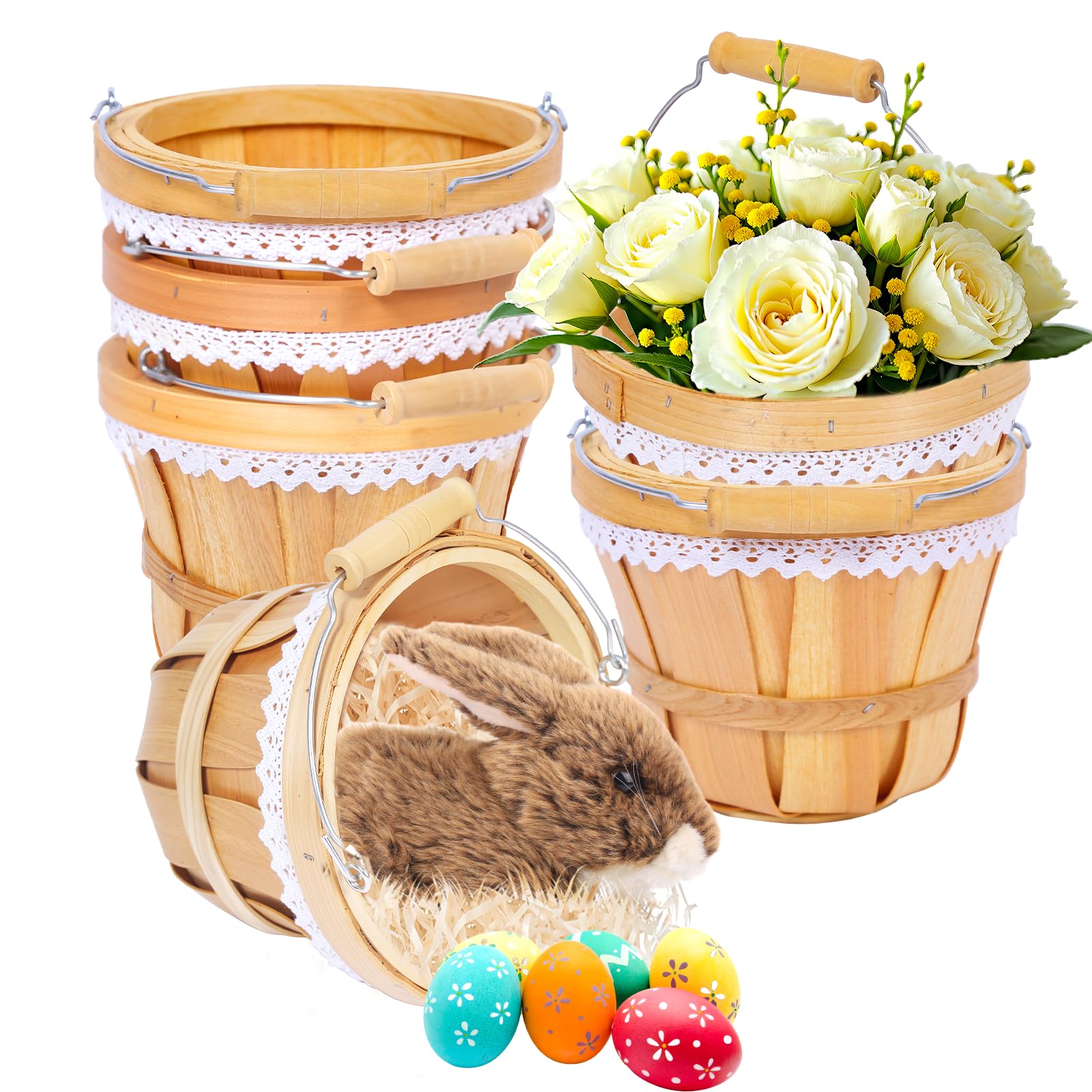 Round Picnic Basket Wooden Apple Basket 7" x 6" Garden Farm Fruit Basket Woven Flower Bucket Easter Egg Basket Outdoor Picnic Camping Gift Picnic