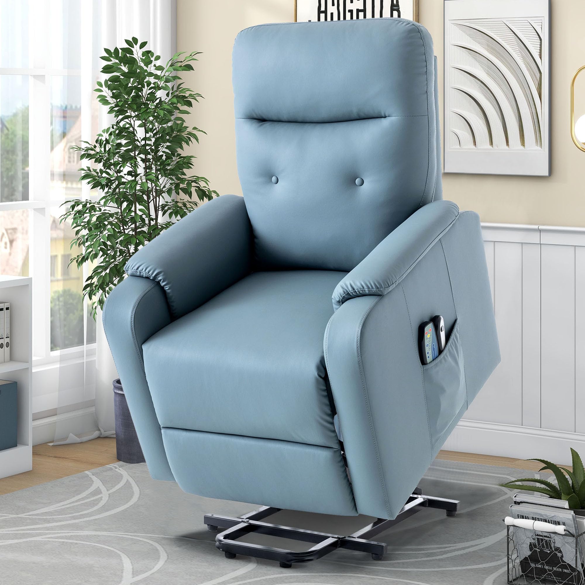 P PURLOVE Power Lift Chair Electric Recliner for Elderly, PU Massage Recliner Chair with Side Pocket, Adjustable Massage and Heating Function for Adults, Squirrel Grey