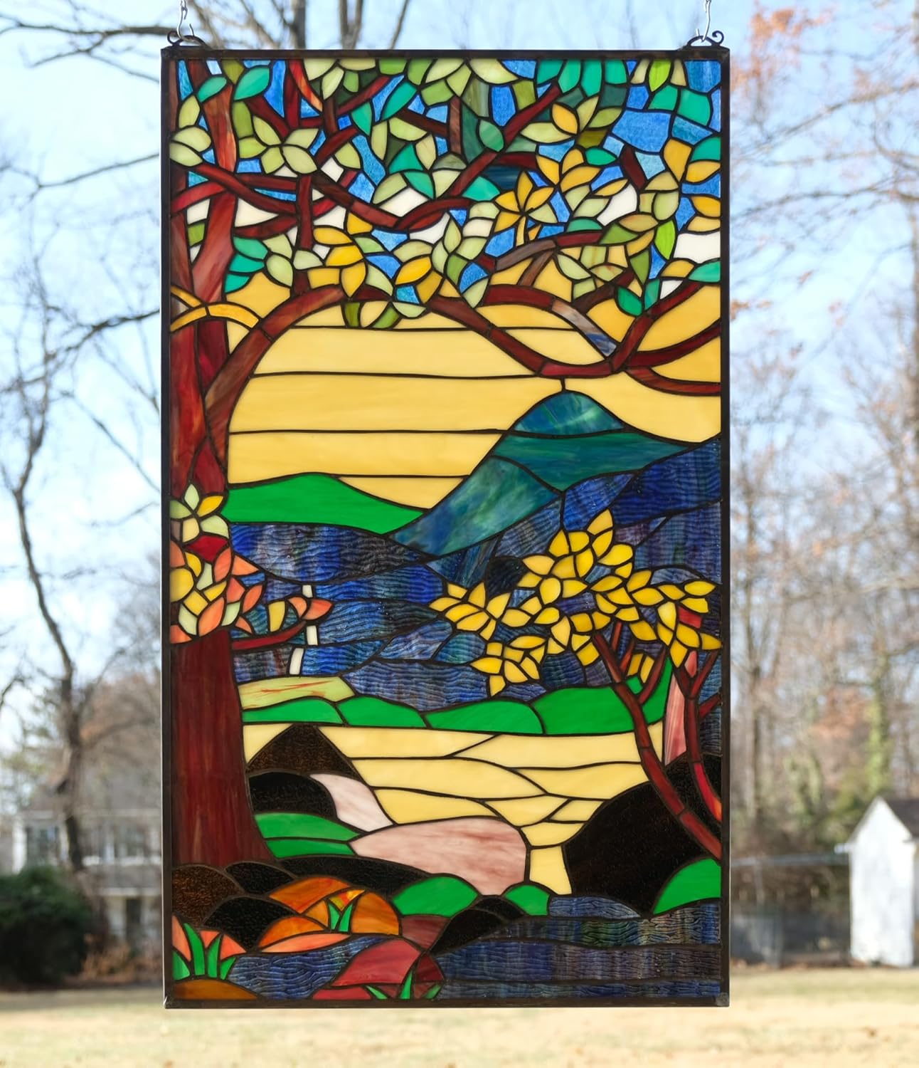 Tiffany Style Stained Glass Hanging Window Panel Dawn in Valley. 20.5 x 34.5