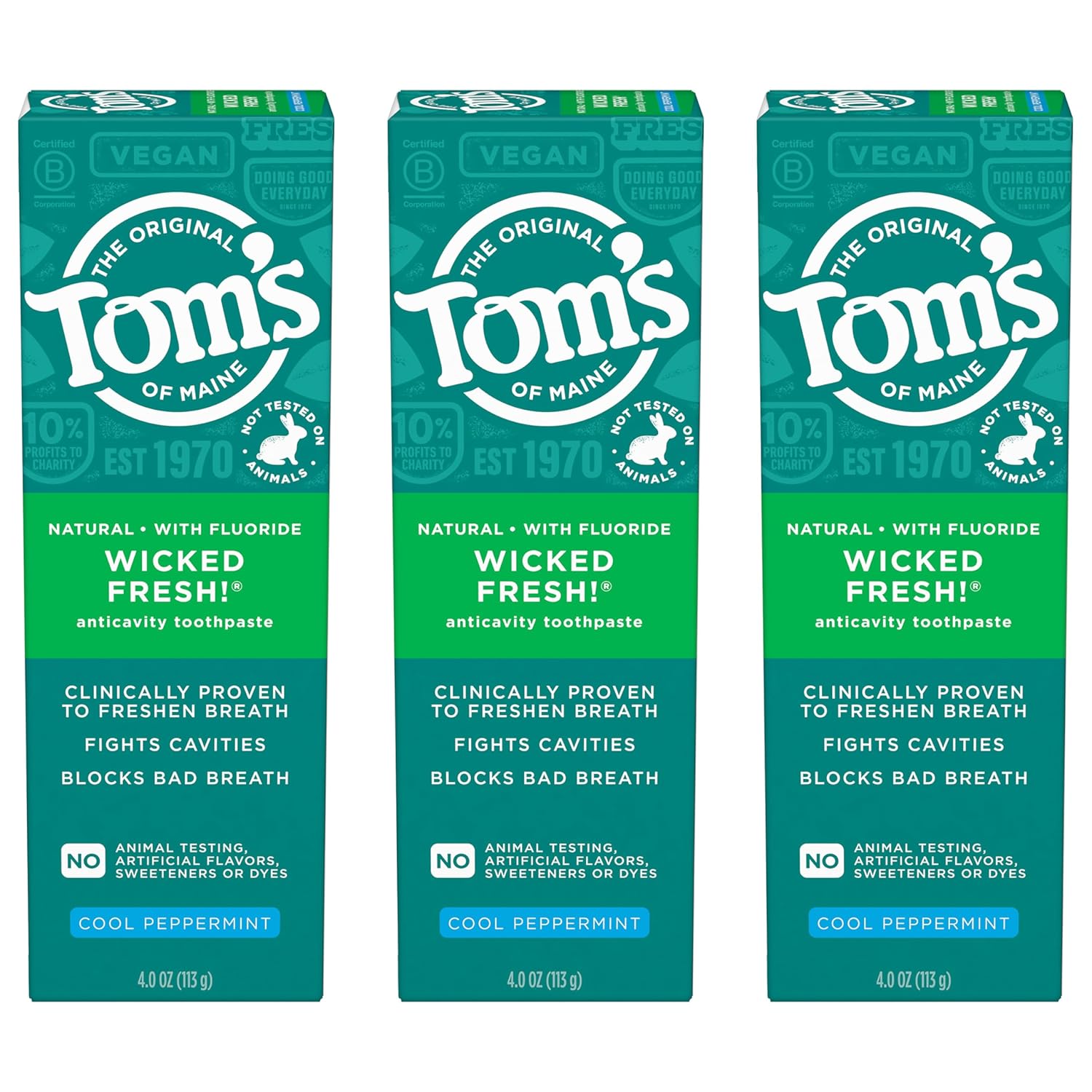 Tom's of Maine Wicked Fresh! Natural Fluoride Anticavity Toothpaste, Cool Peppermint, 3 Pack, 4.0oz Tom's of Maine Wicked Fresh! Natural Fluoride Anticavity Toothpaste, Cool Peppermint, 3 Pack, 4.0oz
