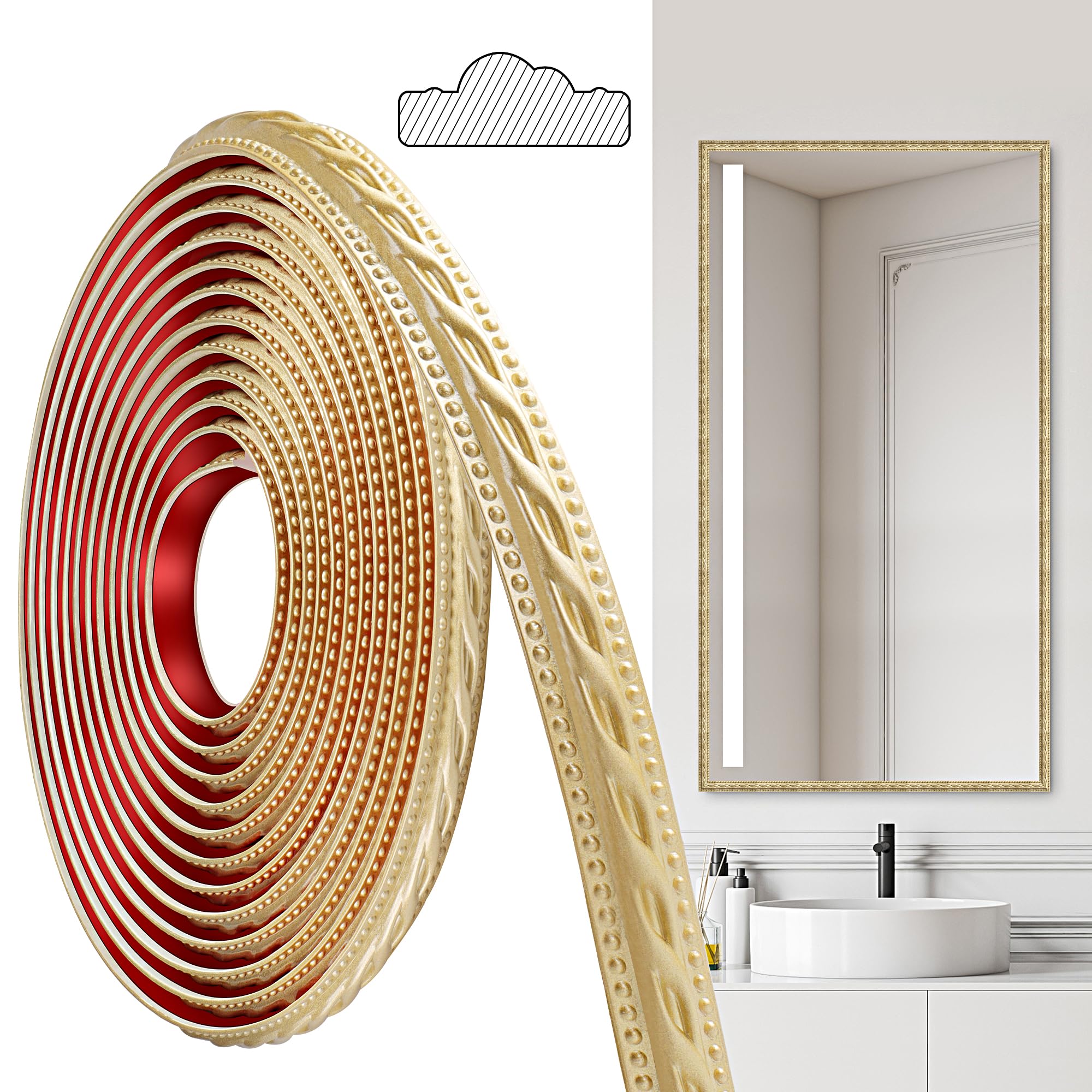 Junart Champagne Gold(600Cm×2Cm) Pvc Moldings Trim, 600Cm×2Cm, Peel And Stick Self-Adhesive, Coving For Ceilings, Wall Moldings For Wall Edge, Mirror Frames, Ceiling, Skirting Boards, Cabinet(Champagne Gold)