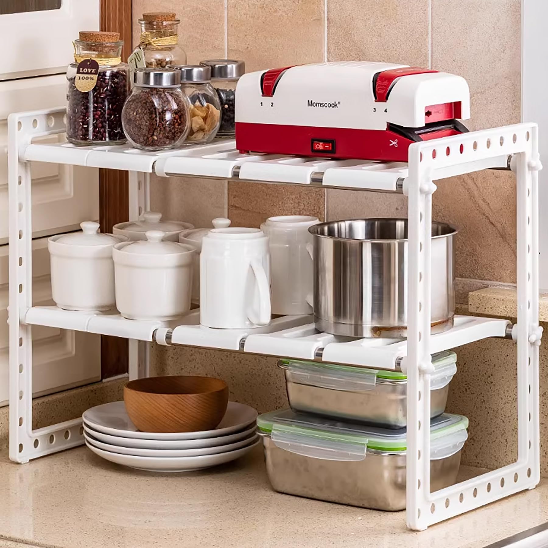 Organizzatore per armadietto da Bagno Scaffale da Cucina sotto Il lavello Organizzatore espandibile per ripiano per Armadio da Cucina a 2 Livelli,Bianca