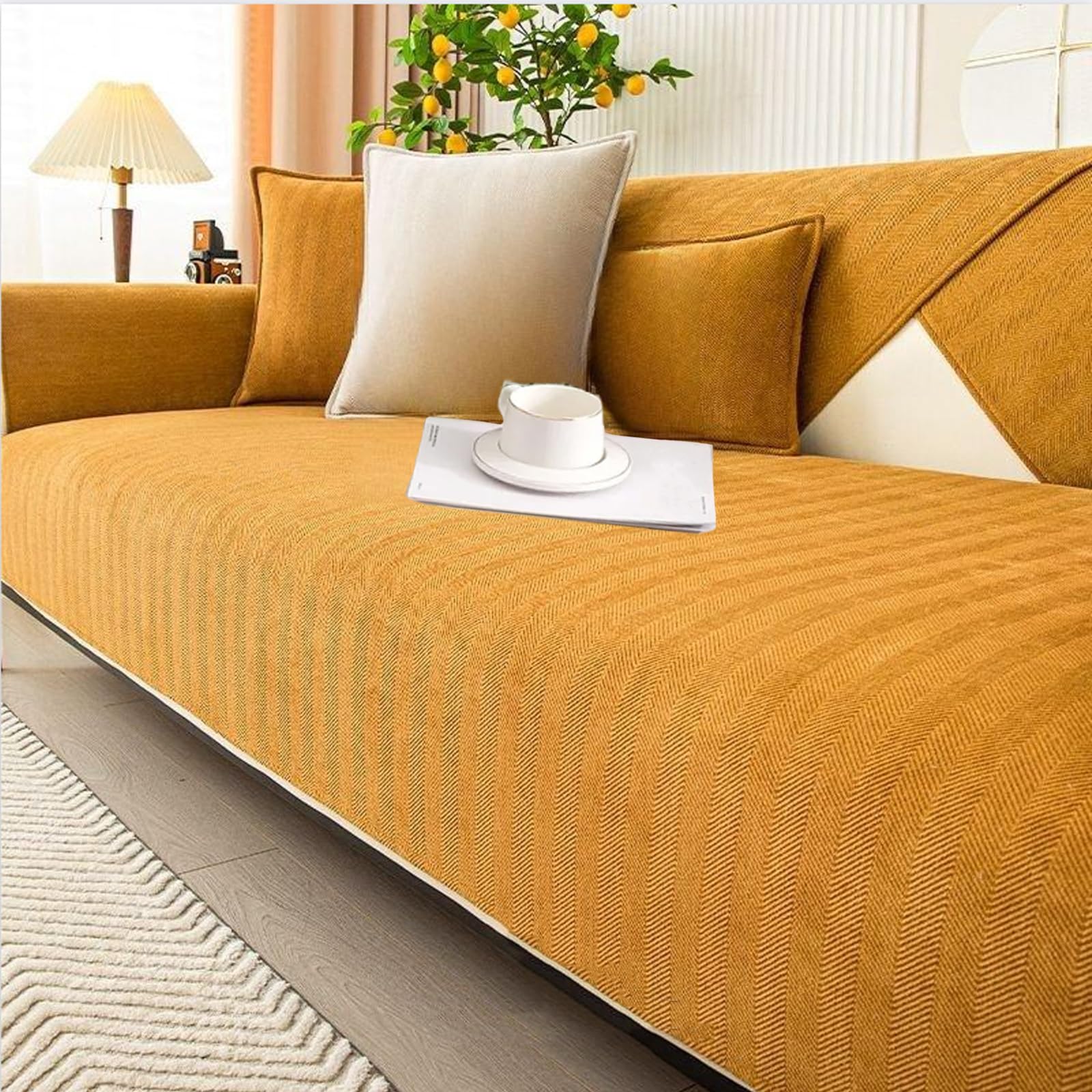Soft Chenille Sofa Cover – Non-Slip, Washable & Pet-Friendly Couch Protector – Fits Multiple Styles – Modern Colours for Home Décor (Caramel Orange (A), 90×120cm)