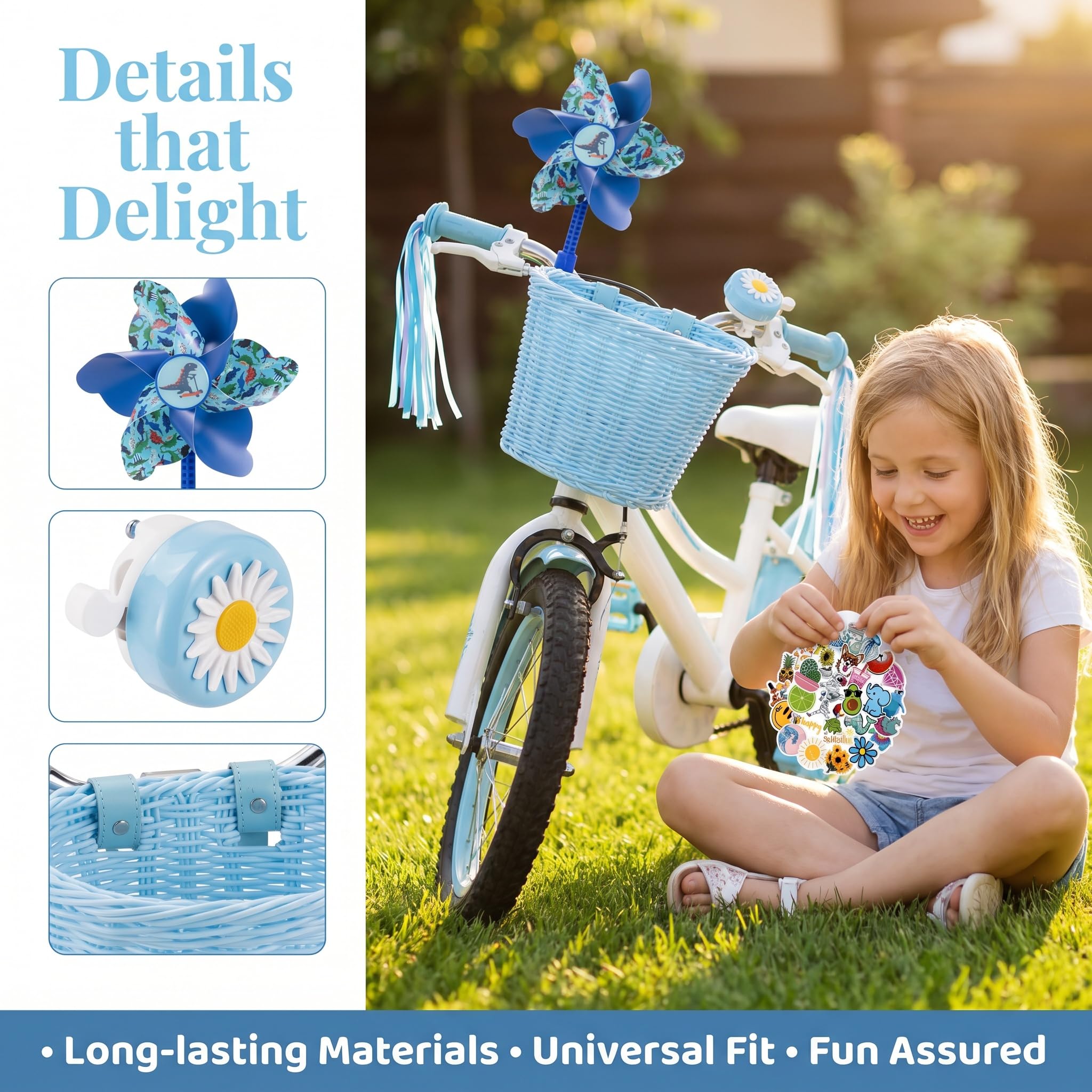 Panier de vélo avant pour enfants, accessoires de vélo pour filles et garçons, panier de vélo tissé avec autocollants, sonnette de vélo, moulin à vent et 1 paire de rubans colorés (panier bleu)