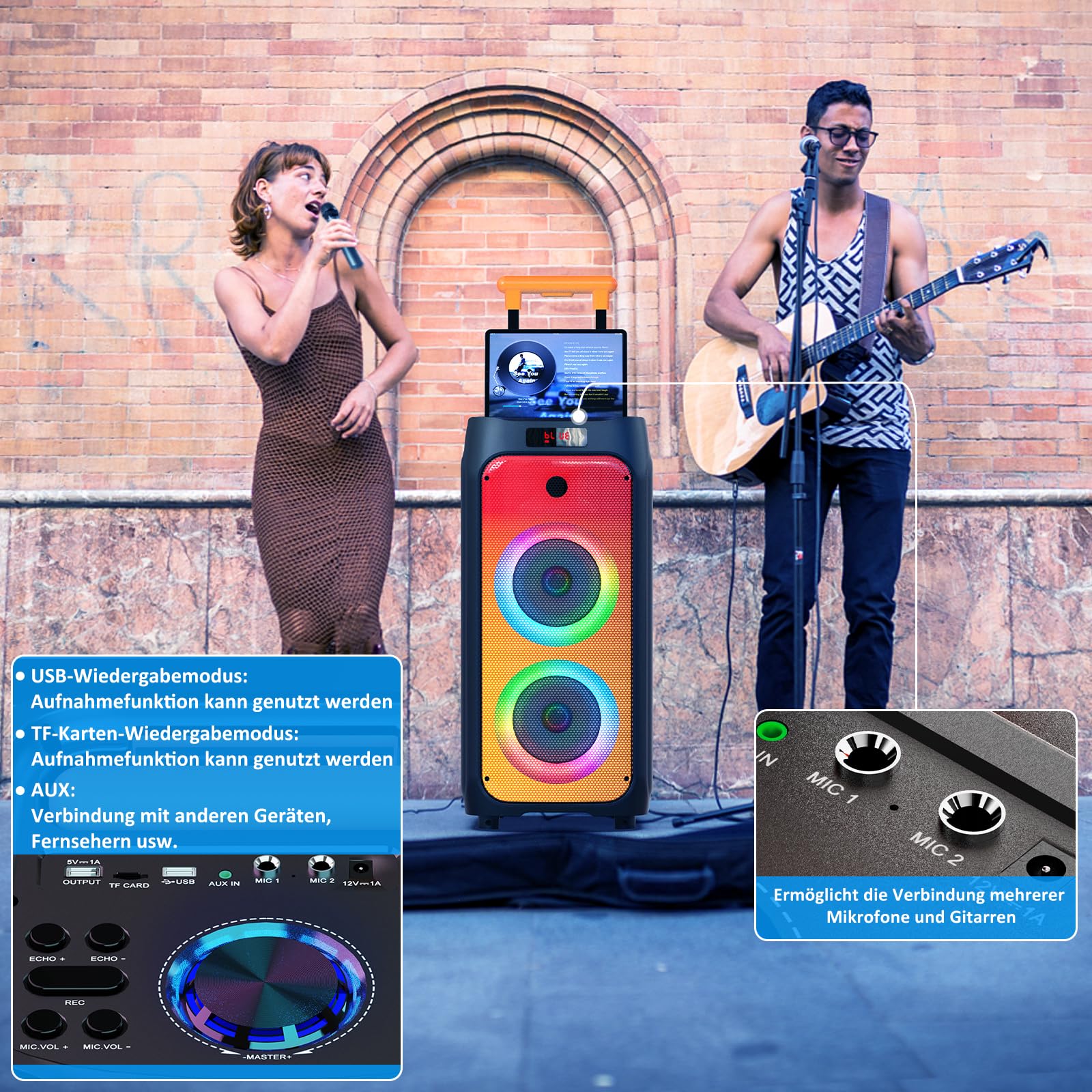 JYX Karaoke Anlage mit 2 drahtlosen Mikrofonen, Bluetooth Party Lautsprecher mit Rädern, Disco Lichtern und Subwoofer, 500W PA System für Party, Outdoor und Karaoke, TWS/SD/USB/AUX/Rec