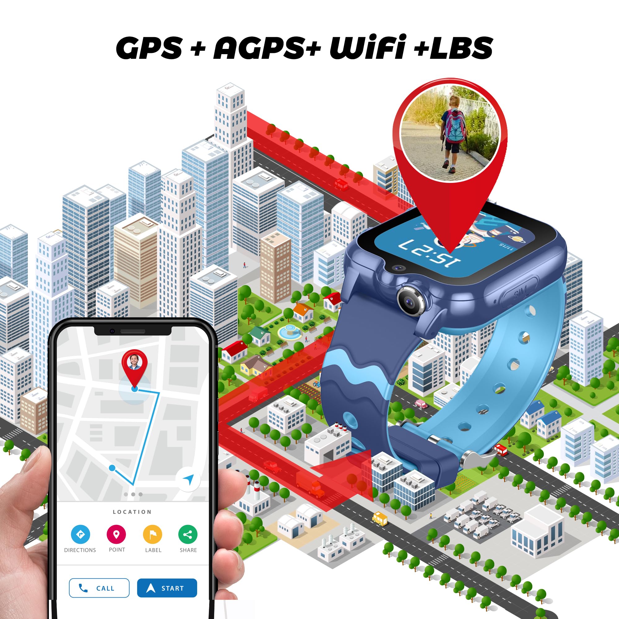 Carneedi Smartwatch Bambini GPS 4G Orologio Intelligente con WiFi Videochiamata SOS fotocamera Messaggio Modalità Classe Lettore Musicale Notifica Vibrazione Orologio Telefono per Ragazzi e Ragazze