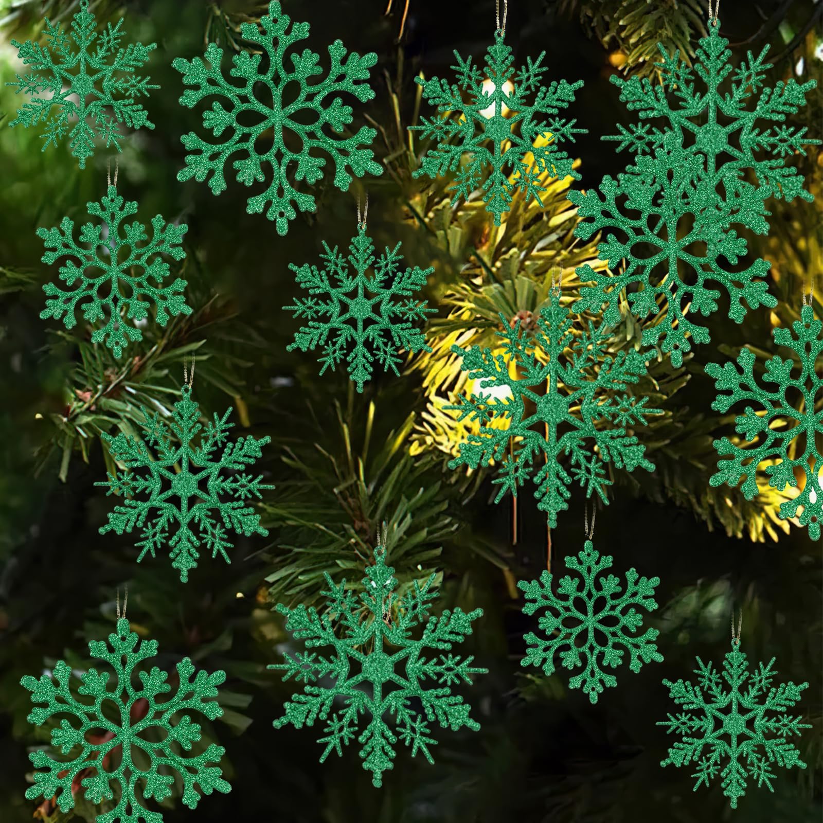 Dark Green Christmas Snowflake Ornaments- 36Pcs Plastic Glitter Hanging Snow Flakes for Christmas Tree Decorations Winter Wonderland Frozen Birthday Party Holiday Home Decor Craft Snowflakes