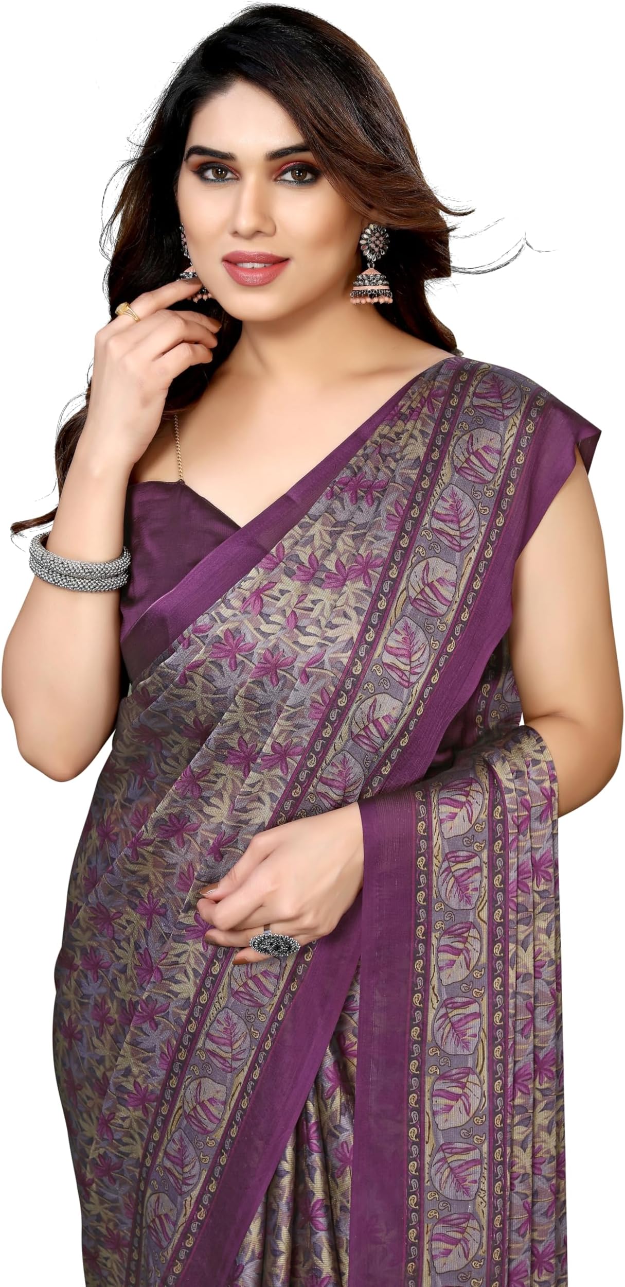 MIRCHI FASHION Women's Stylish Chiffon Leaf and Floral Printed Saree with Blouse Piece, Purple, Cream, One size, Purple, Cream, One Size