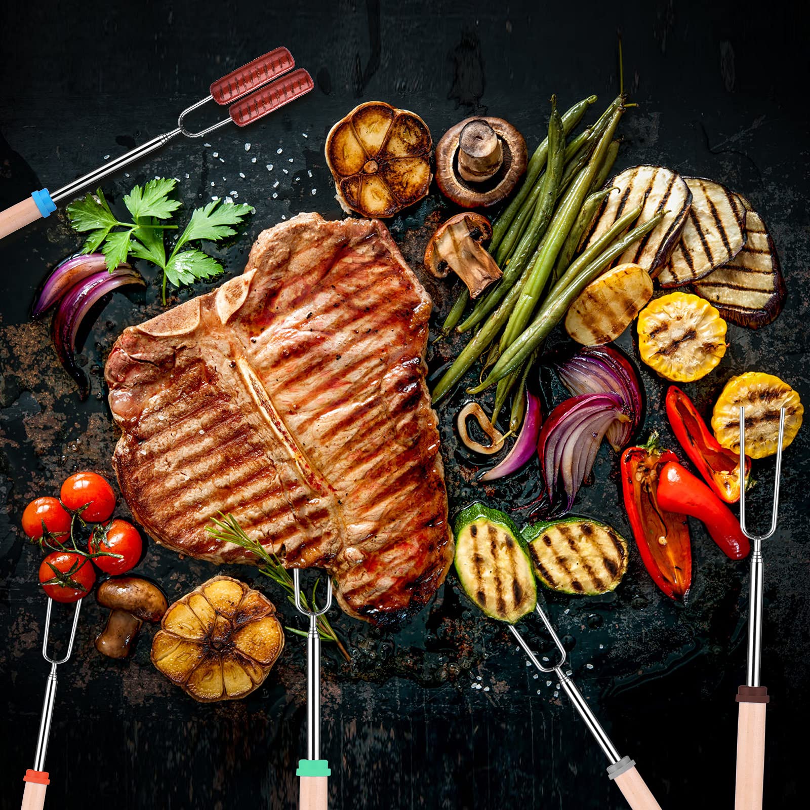12pcs Pinchos de Barbacoa de Acero Inoxidable, Tenedore para Barbacoa Extensible 30,5-81cm, Brochetas de Barbacoa Malvavisco para Fogatas Hot Dog Parrilla (con Bolsa de Lona)