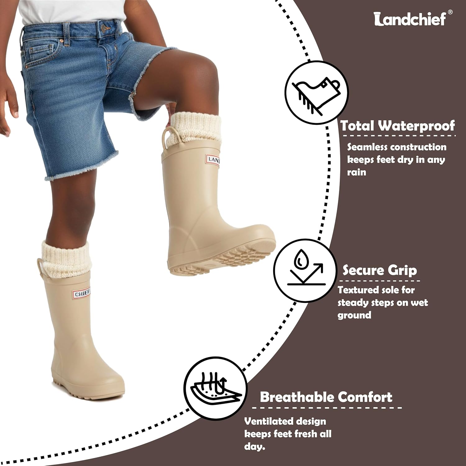 landchief Kids Rain Boots Premium Collection, Waterproof Natural Rubber Boots for Toddlers and Kids